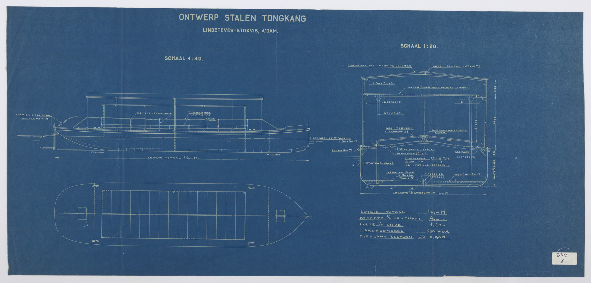 S.5181(478); Algemeen plan van een stalen tongkang; technische tekening