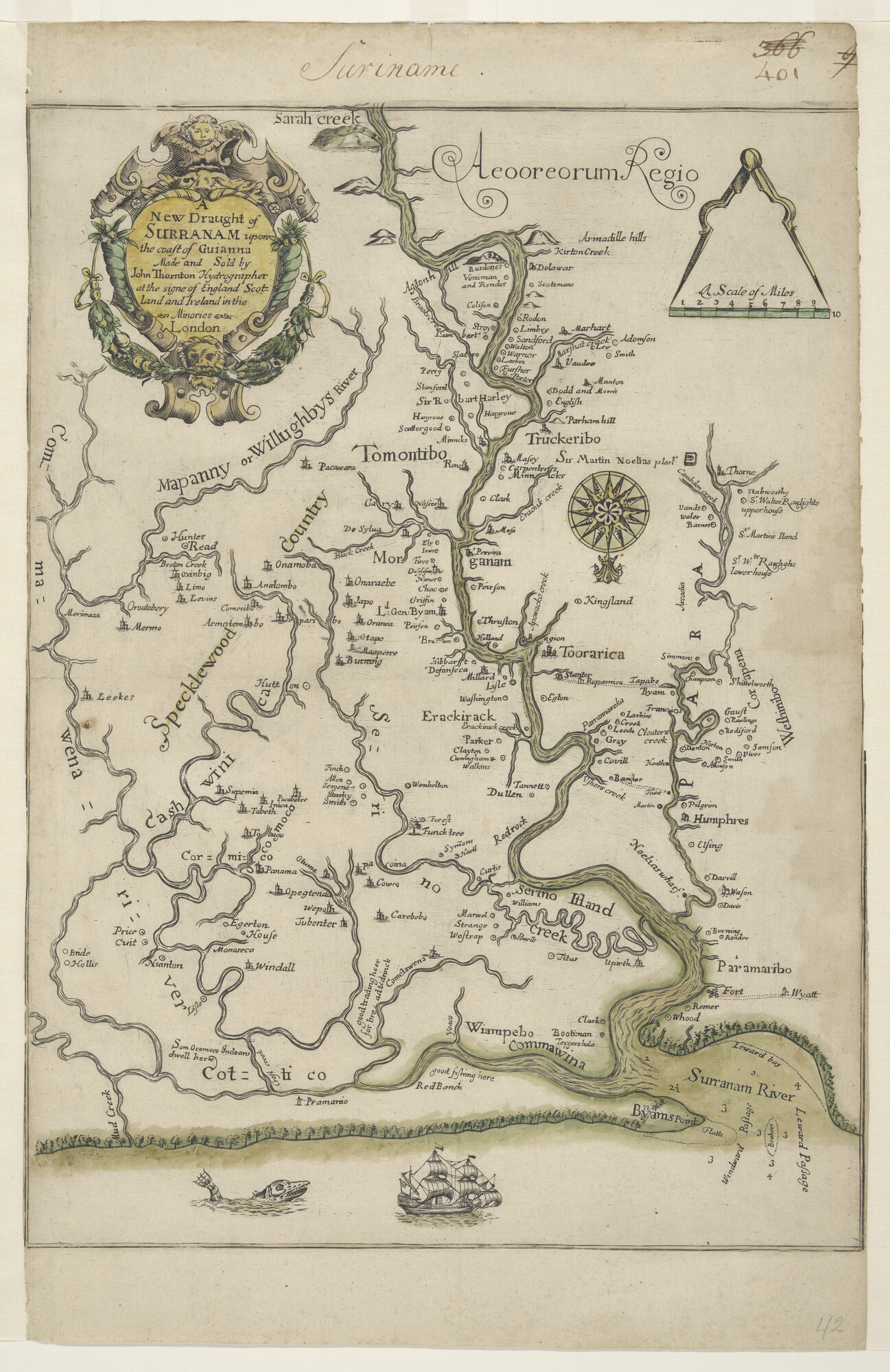 A.4237; Met de hand gekleurde kaart van de Suriname rivier in Zuid-Amerika; landkaart