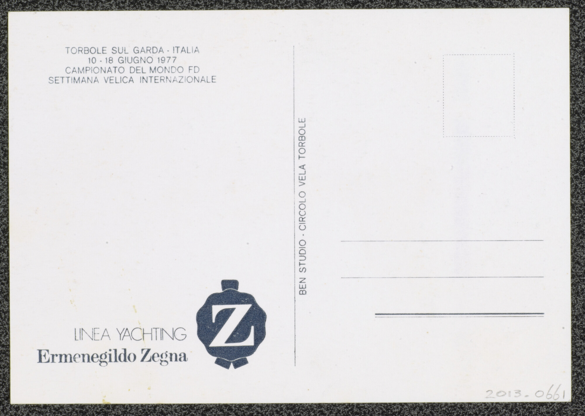 2013.0661; Prentbriefkaart van het FD Wereldkampioenschap in Torbole sul Garda, in 1977; prentbriefkaart