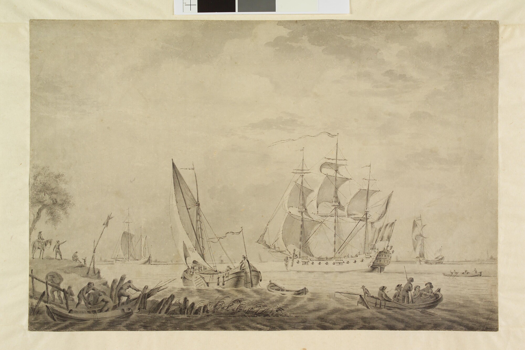 1989.0230; Scheepvaart in een riviermonding; tekening