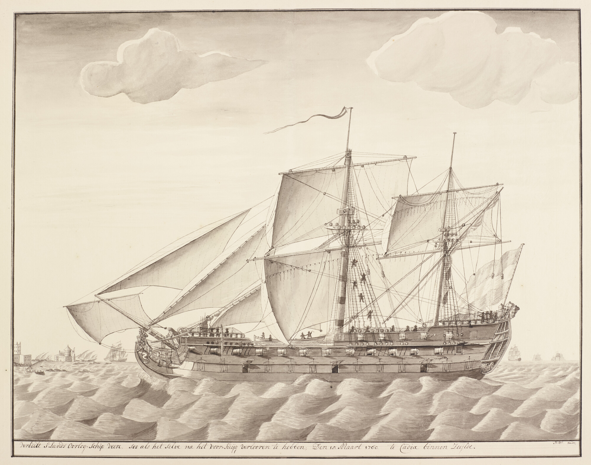 A.3432(02); Het gehavende oorlogsschip 'Veere' bij het binnenzeilen van de haven van Cadiz; tekening