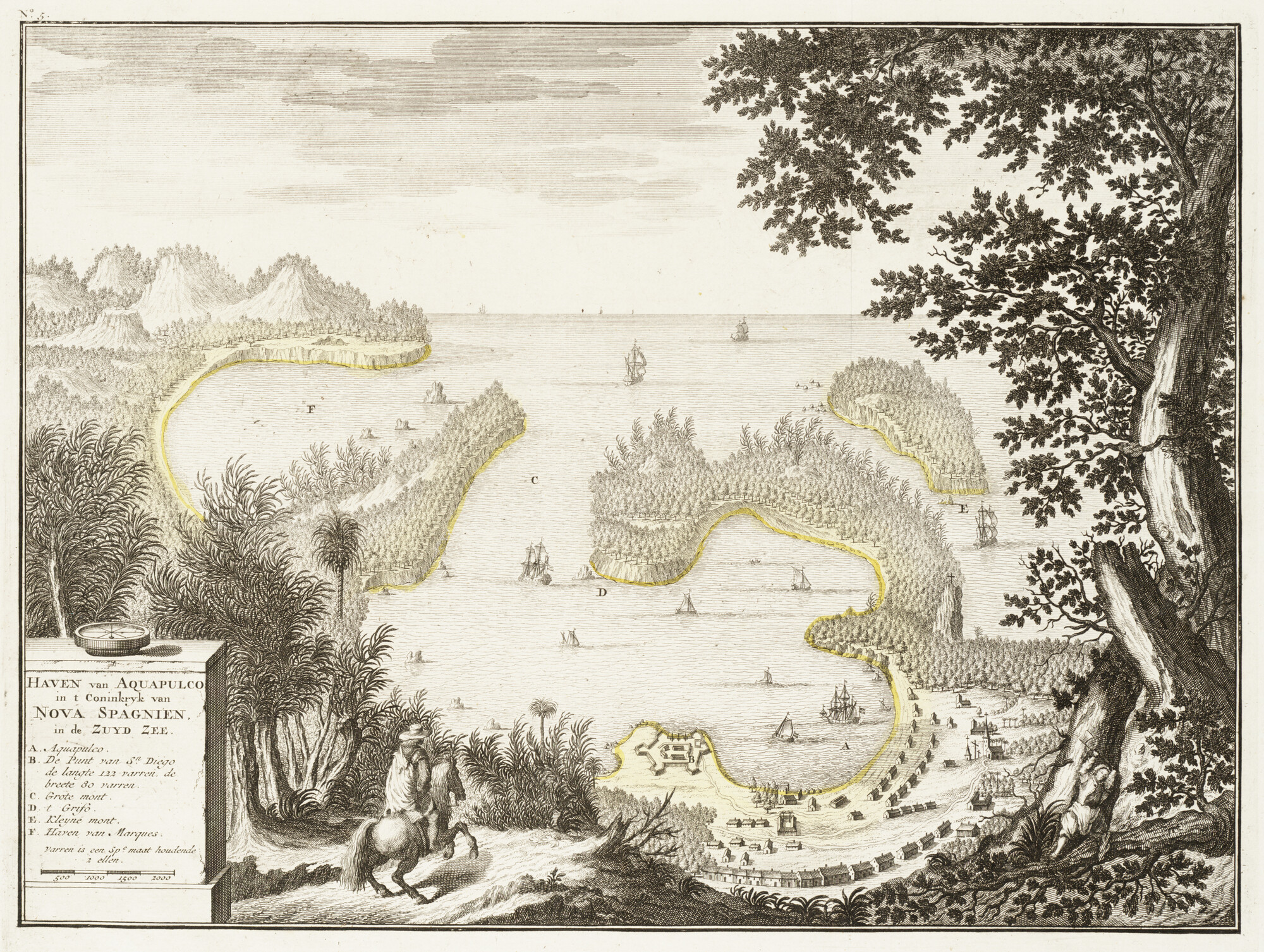 B.0032(109)5 [kaart 038]; Gezicht op de baai van Acapulco in Mexico genomen uit deel 1 van Oud en Nieuw; prent