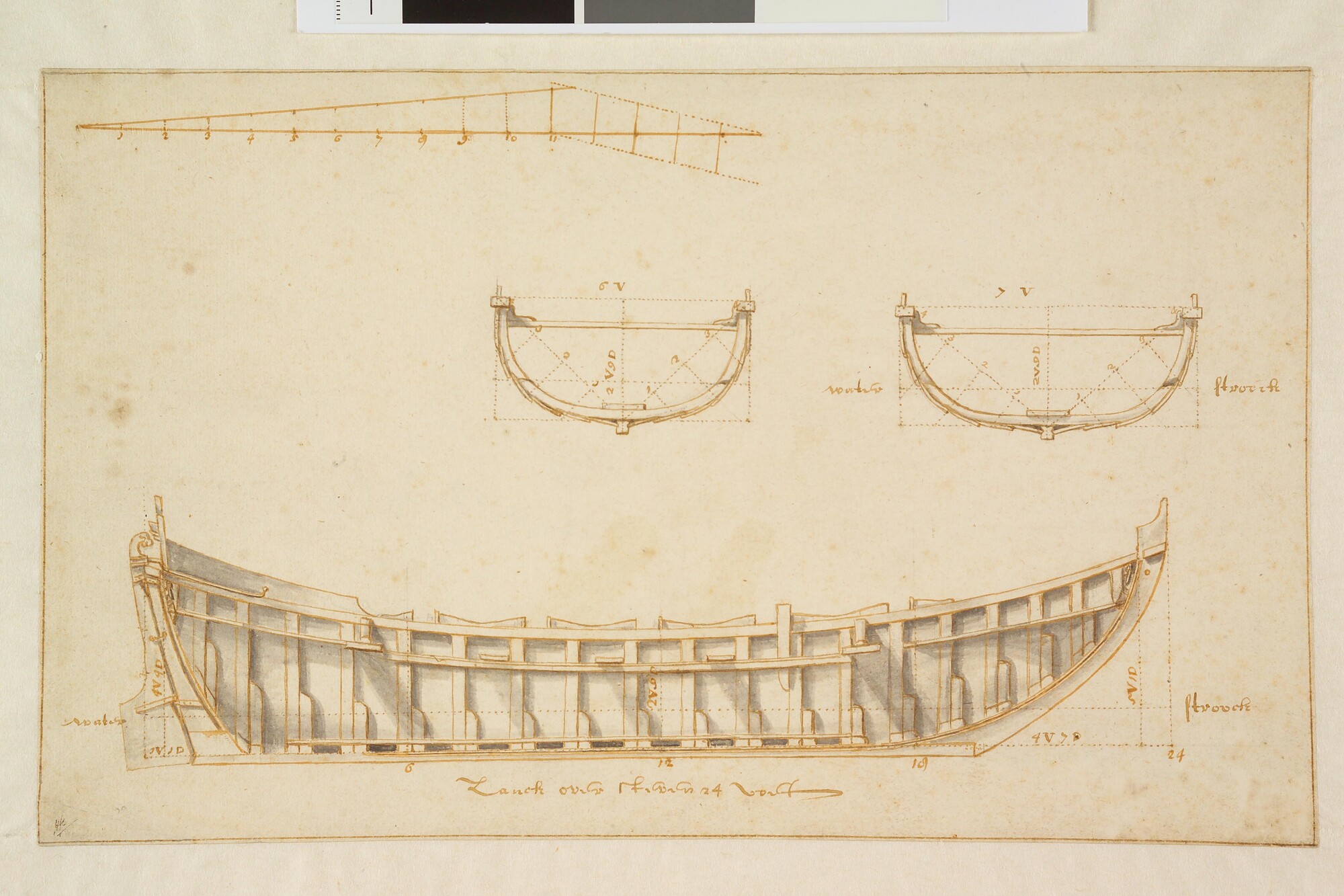 A.0145(278)01; Opengewerkt zijaanzicht en dwarsdoorsnede van een chaloup; technische tekening