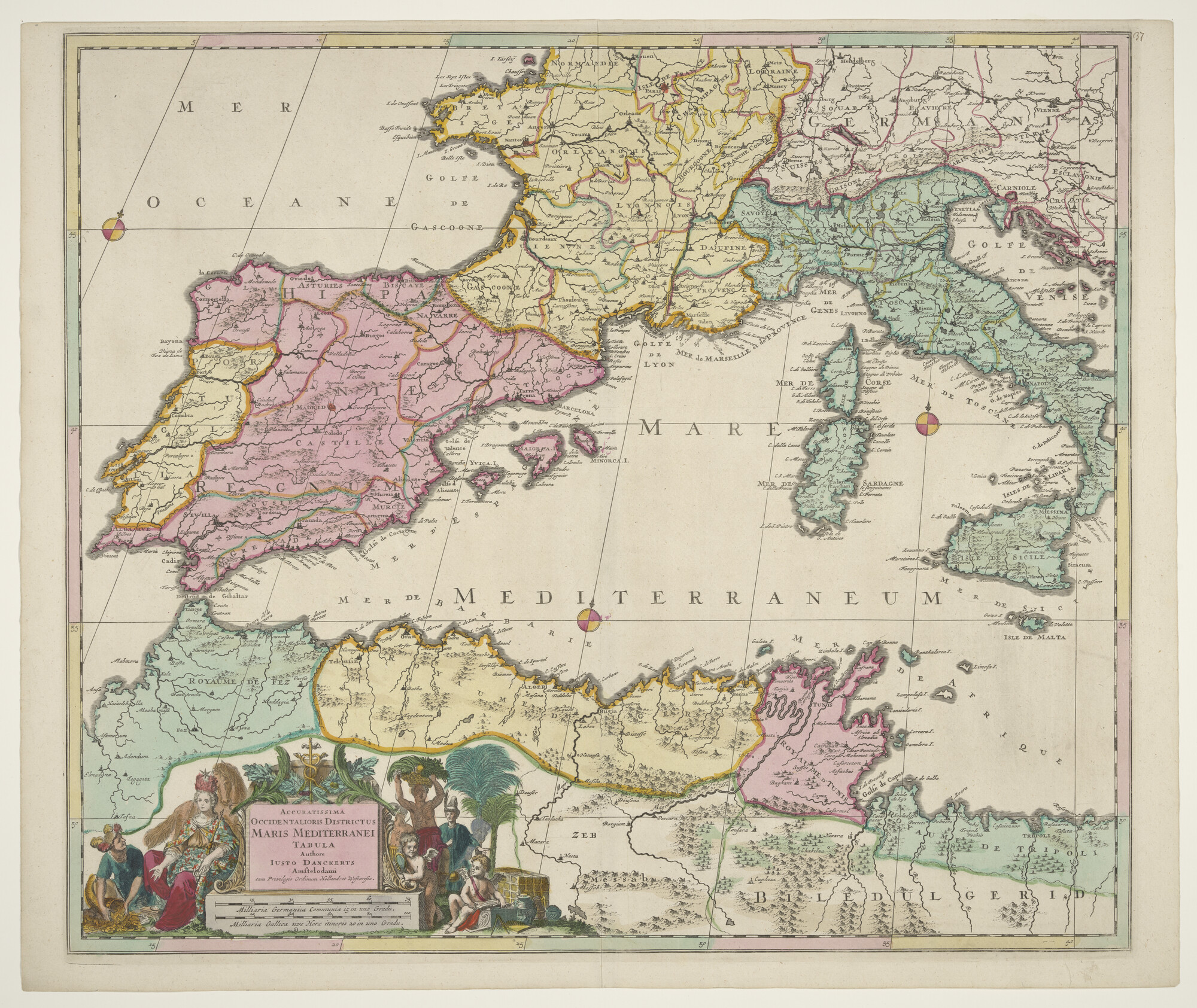 A.3845(01)044; Met de hand gekleurde kaart van het westelijk deel van de Middellandse Zee, door Justinus Danckerts (1635 - 1701), Amsterdam, circa 1696; landkaart