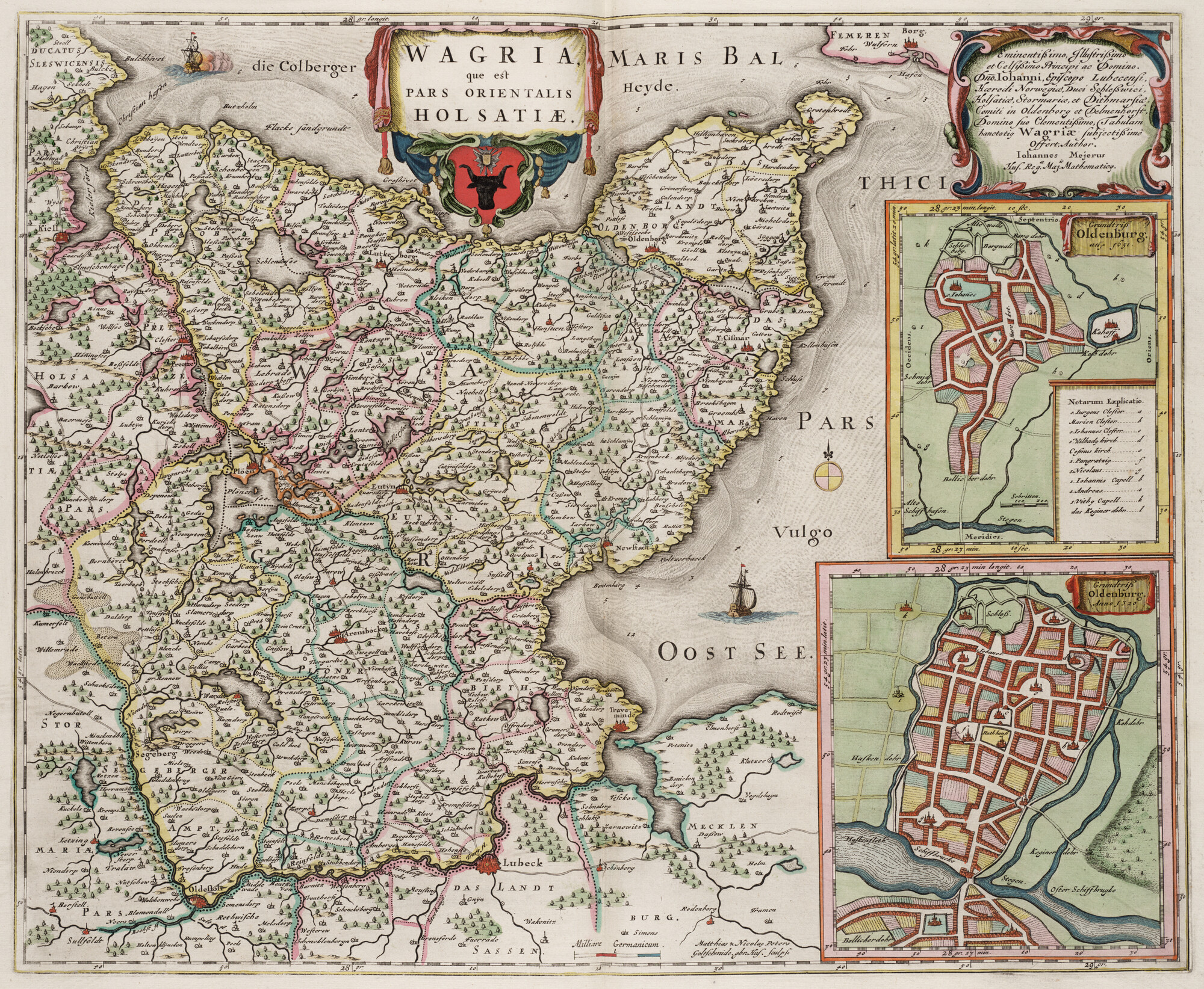 S.1034(02) [kaart 019]; Kaart van Wagrien, het oostelijk deel van Holstein, met twee inzetkaarten van Oldenburg uit 1320 en 1651; landkaart