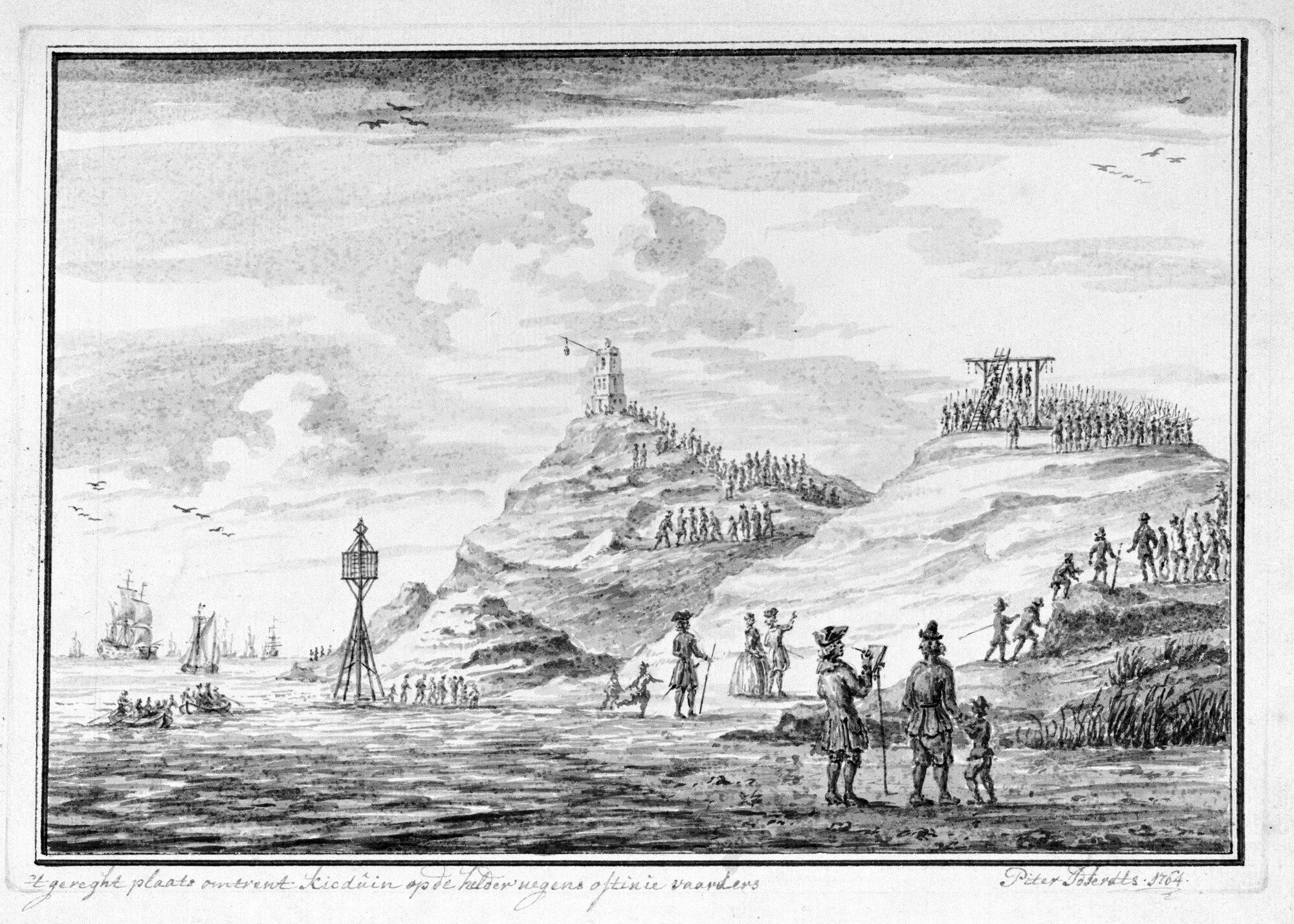 A.1802(02); De gerechtsplaats te Kijkduin bij Den Helder met de lichamen van de muiters; tekening