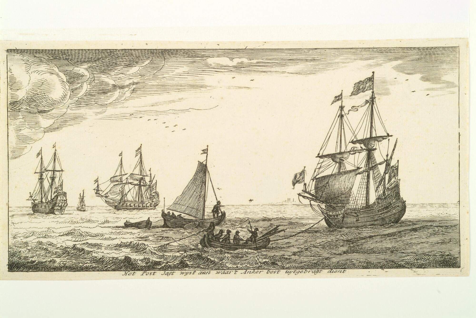 A.0149(0767); Het post jagt wyst aan waar 't Anker best uytgebragt dient; prent
