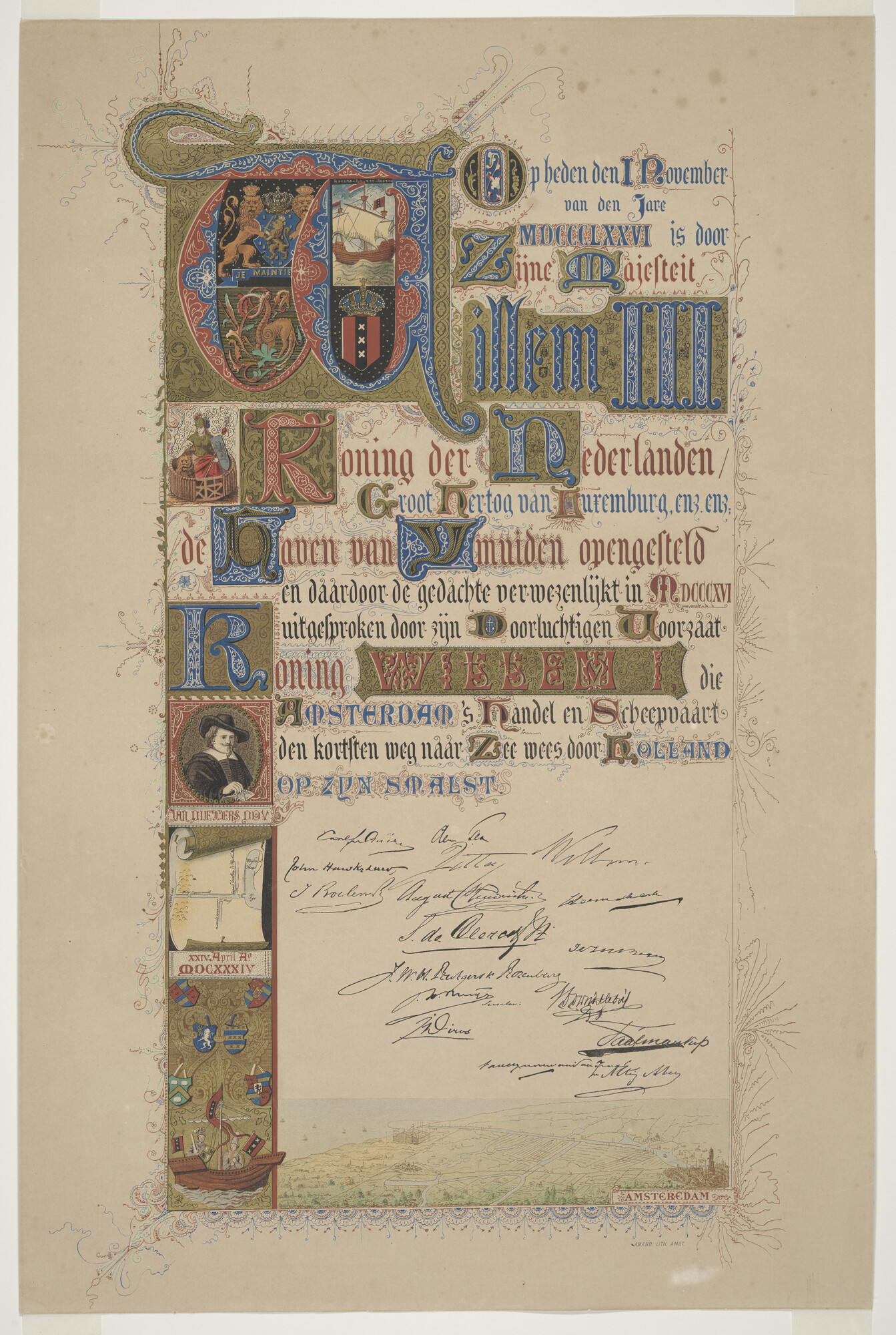 A.0149(0743); Oorkonde opgemaakt ter gelegenheid van de openstelling van het Noordzeekanaal; prent