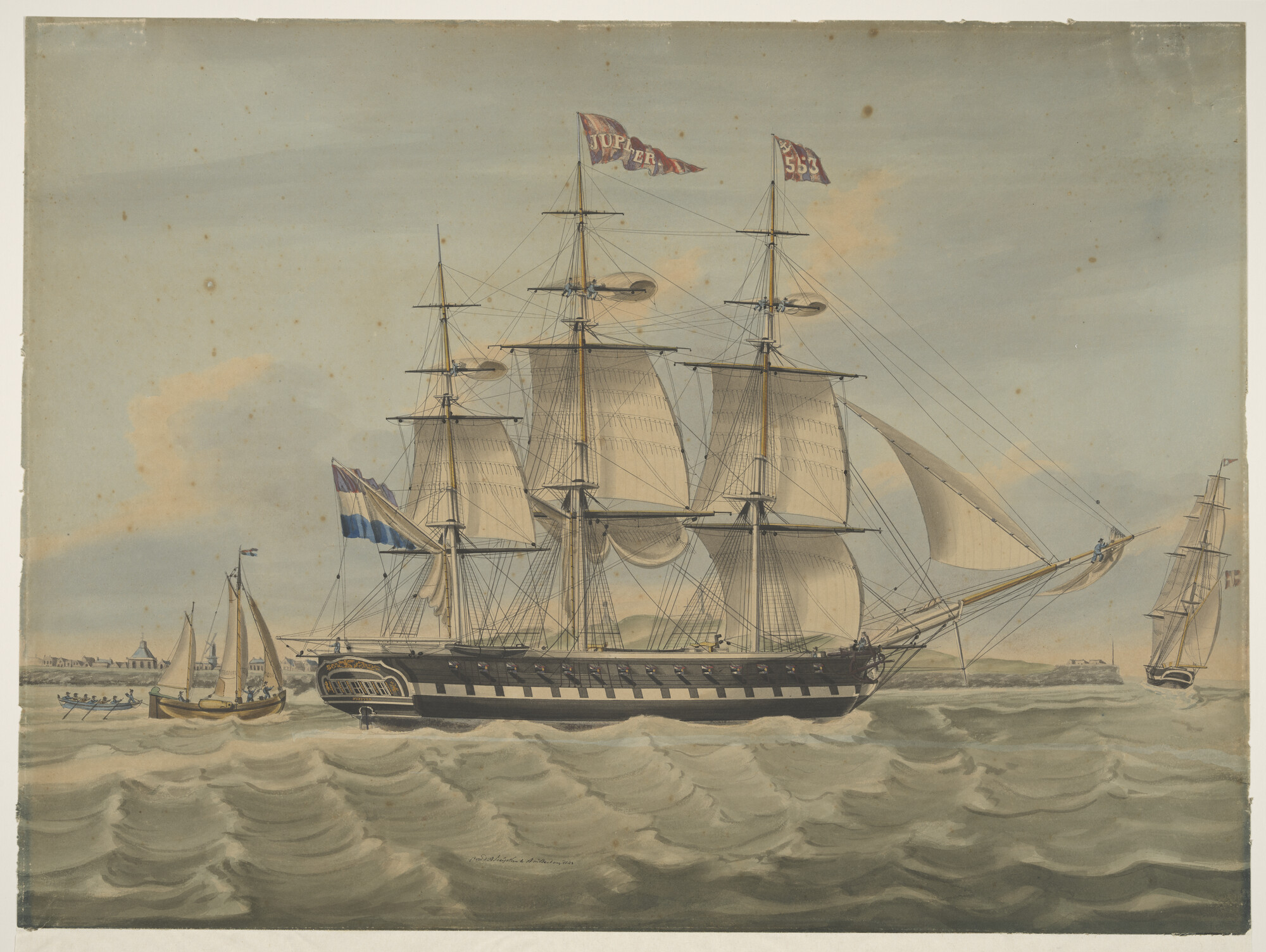 A.1198; Het fregatschip 'Jupiter' het zeegat van Texel uitvarend; tekening