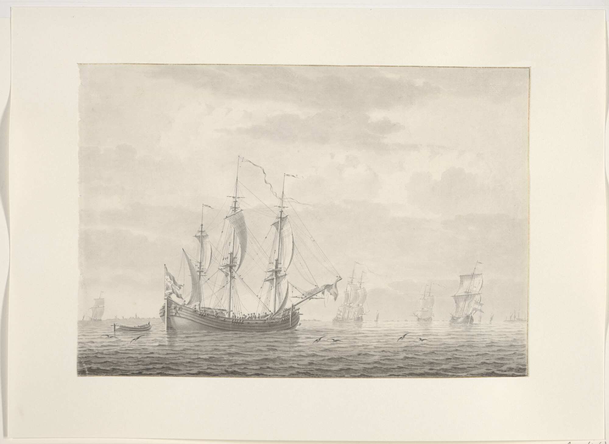 A.0149(0396); Een driemastgaljoot op een Nederlandse rede; tekening