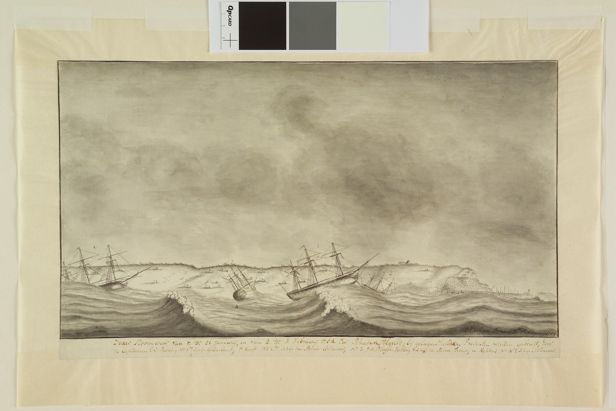 A.0803(01); Nederlands eskader in zwaar weer ter rede van Algiers, 1784; tekening
