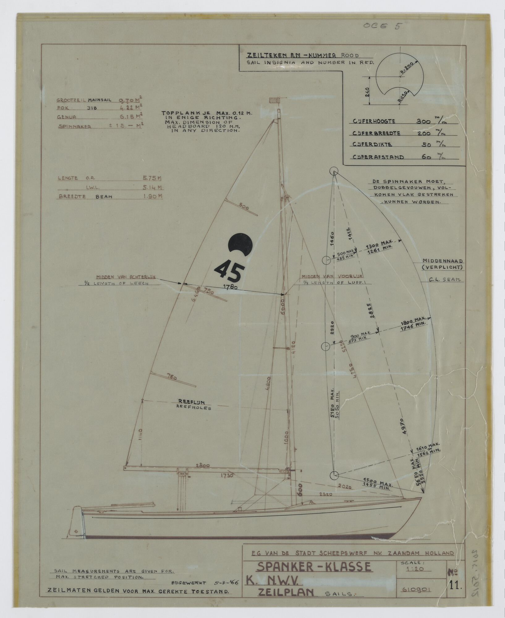 2015.5012; Zeilplan van de open houten knikspant zeilboot met midzwaard Van de Stadt Spanker; technische tekening
