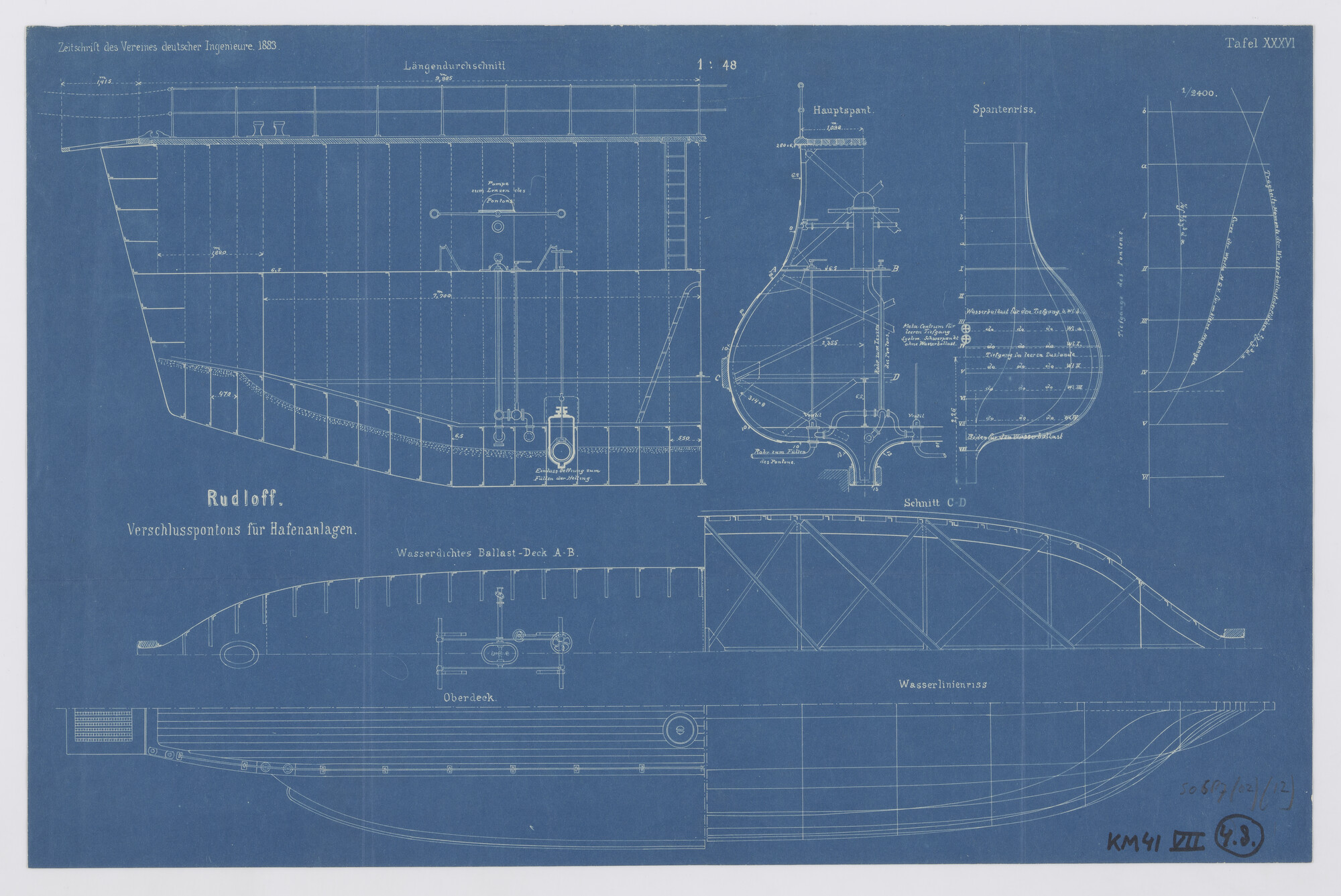S.0687(02)(12); Doorsneden en bovenaanzicht van een schipdeur (bateau-porte) voor een droogdok; technische tekening