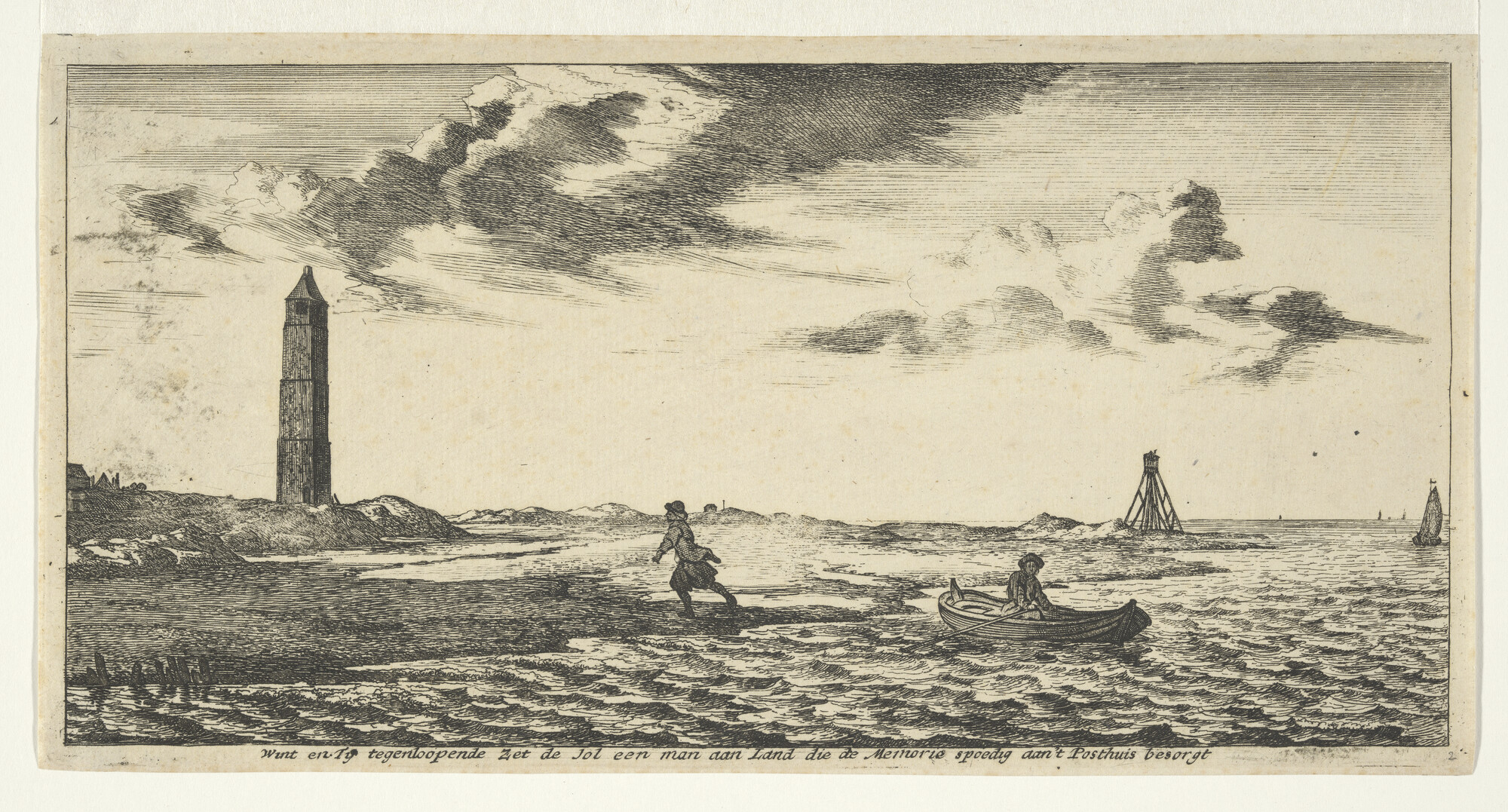 A.0149(0763); Wint en Ty tegenloopende zet de Jol een man aan Land die de Memorie spoedig aan 't posthuis besorgt; prent