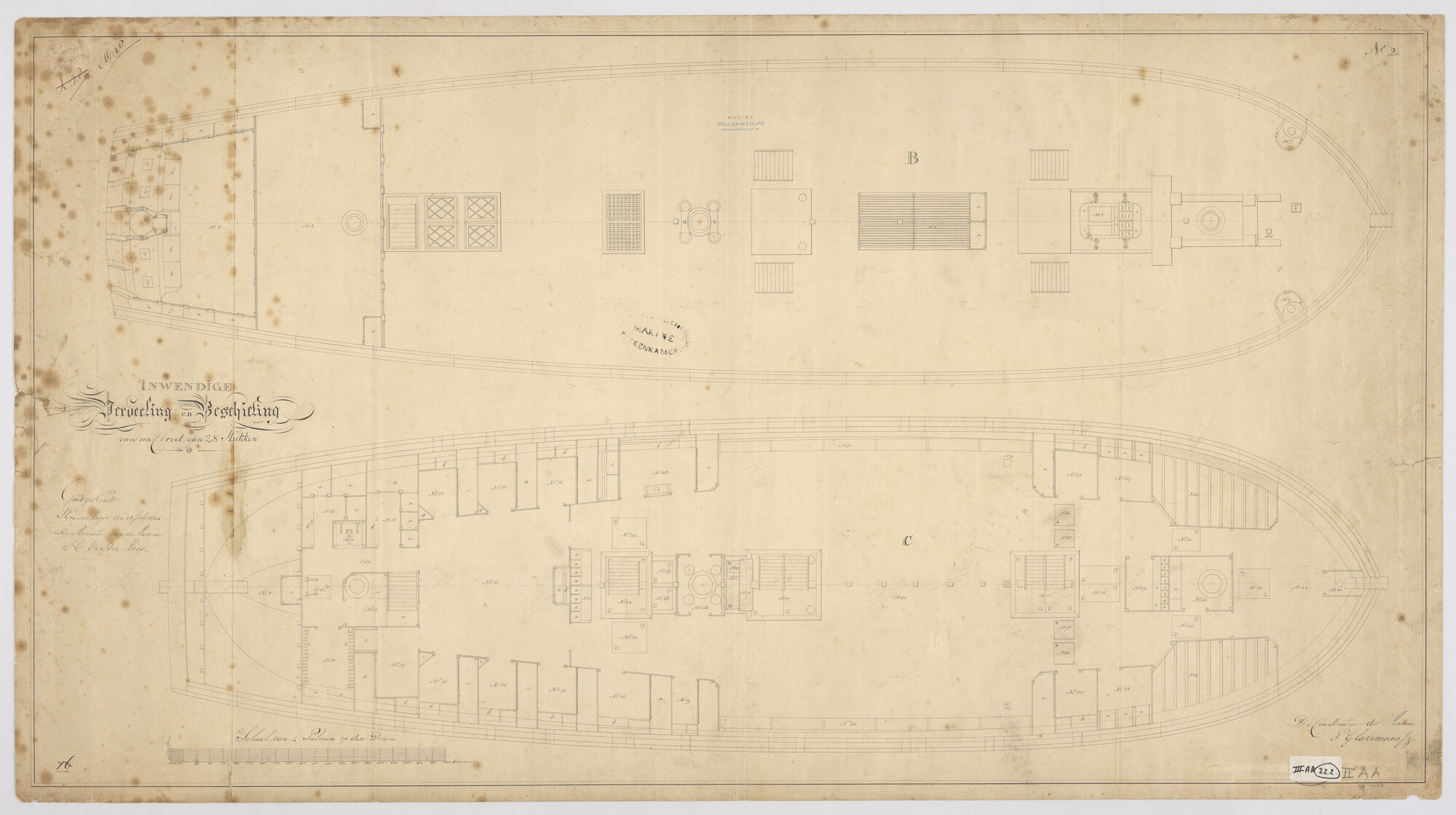 S.1214(0124); Indelingsplan van het korvet Zr.Ms. 'Nehalennia' van 28 stukken; technische tekening