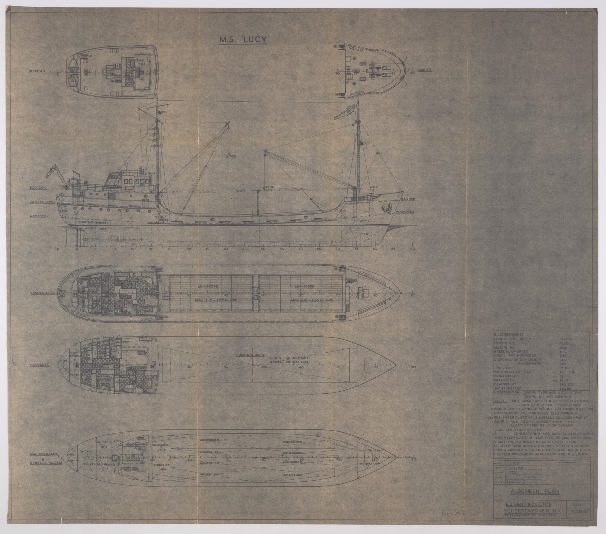 1995.7417; Algemeen plan (1:100) van de coaster ms. 'Lucy' van Wijnne & Barends; technische tekening