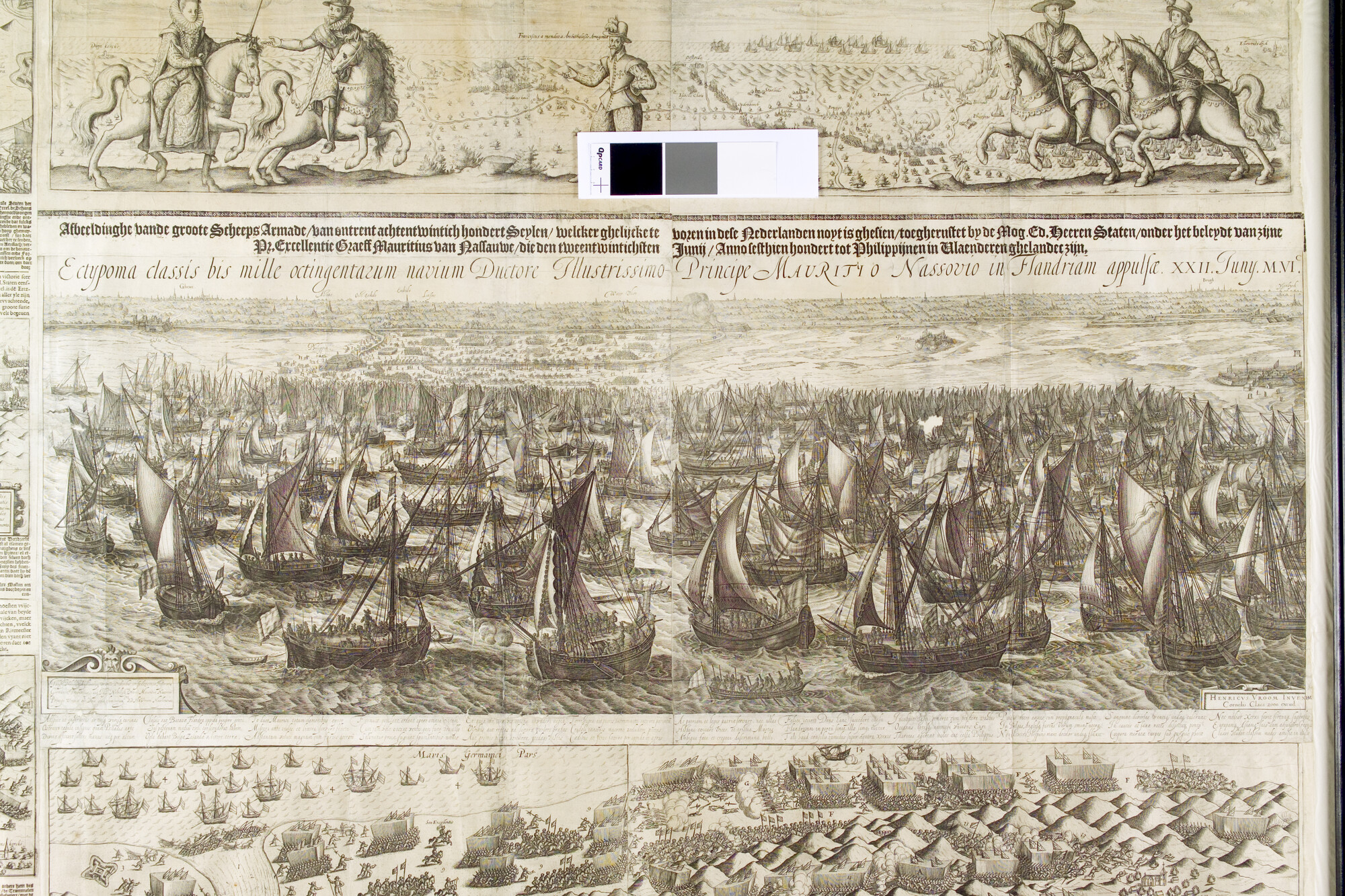 A.1280(05); Zeven afbeeldingen op de Slag bij Nieuwpoort in 1600, die samen een groot blad vormen; prent