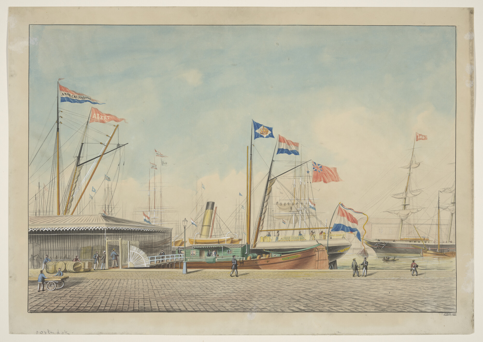 A.2363; Het rijnschip Anna Catharina en het Britse schip Alert in het Oosterdok van Amsterdam; tekening
