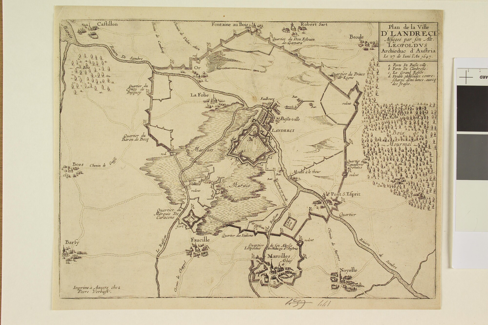 A.0145(027)433; Kaart van de belegering van de Franse stad Landreci aan de rivier de Sambre; prent