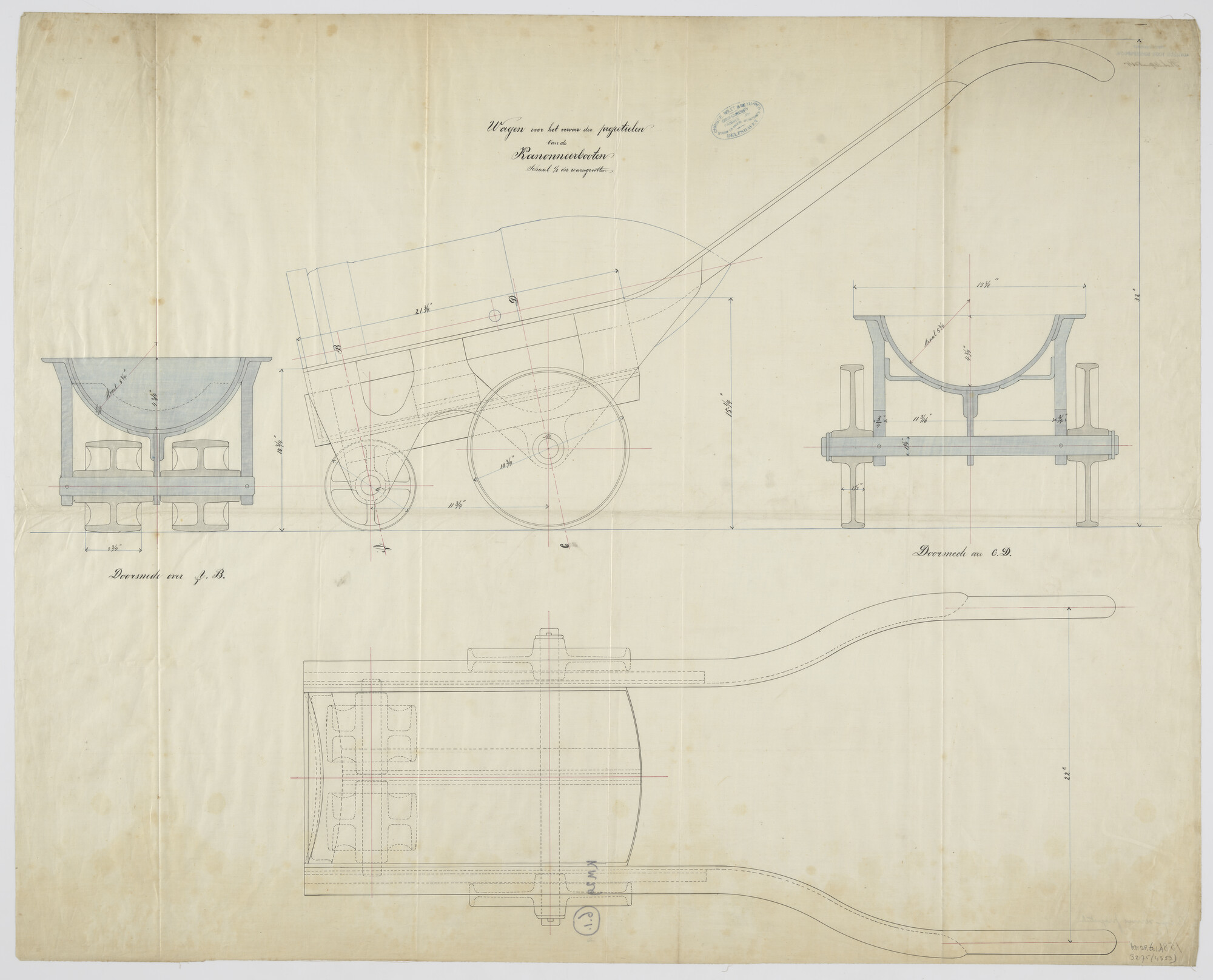 S.2175(4353); Transportwagen voor projectielen voor de stoomkannoorboten waaronder de stoomkanonneerboten Zr.Ms. 'Sperwer' en 'Bever'; technische tekening