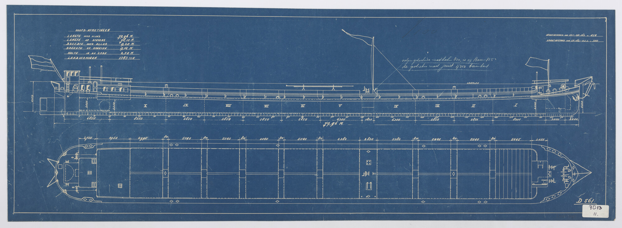 S.5181(488); Algemeen plan van een Rijnaak van 1343 ton; technische tekening
