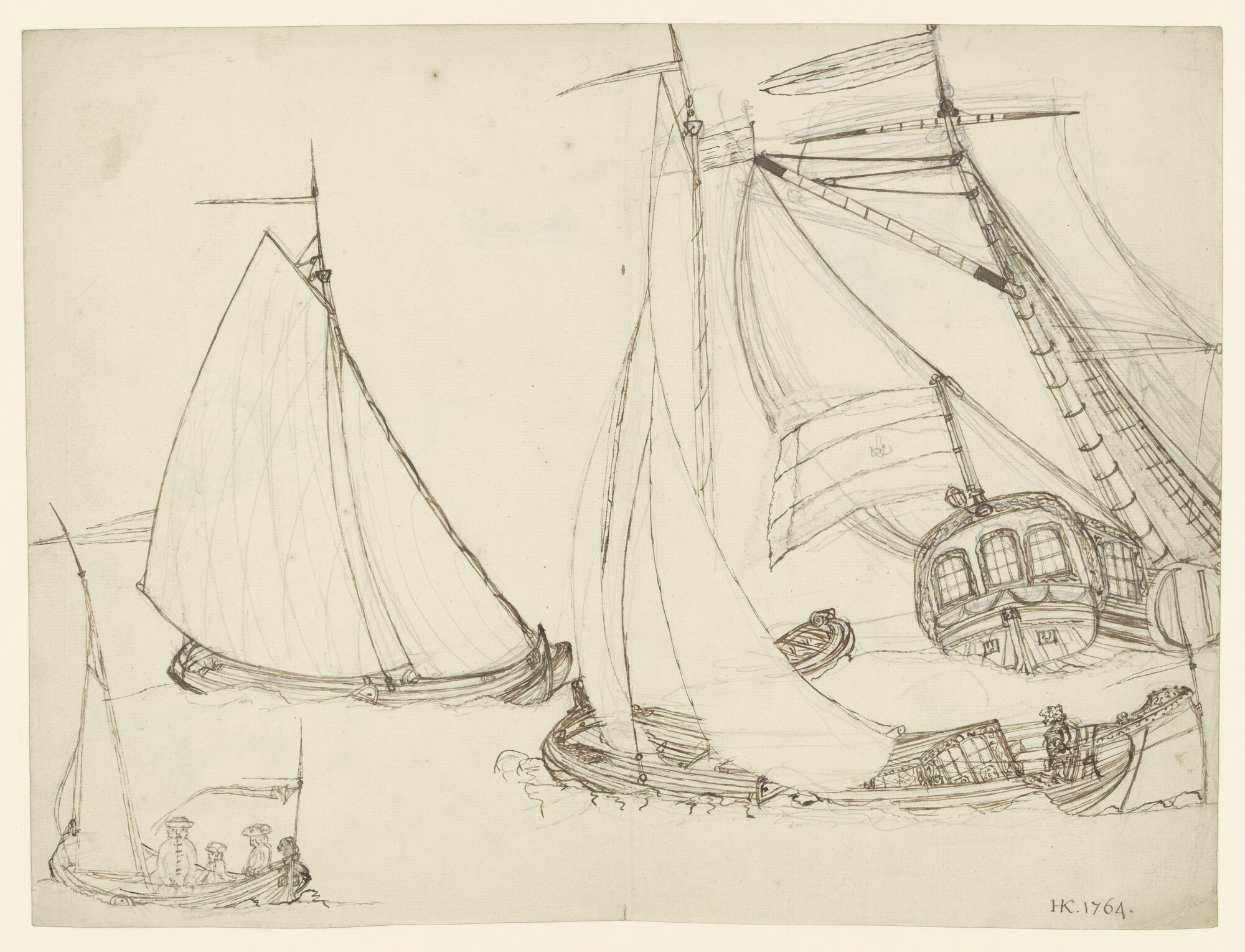 S.4317(38)a01; Een open schuit, twee boeiers en een spiegelpaviljoenjacht; tekening