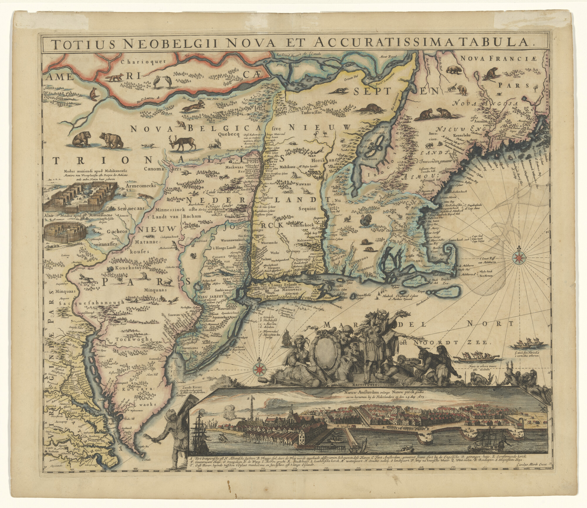 A.0874; Met de hand gekleurde kaart van Nieuw Nederland, Nieuw Engeland en een deel van Virginia, naar Visscher; landkaart