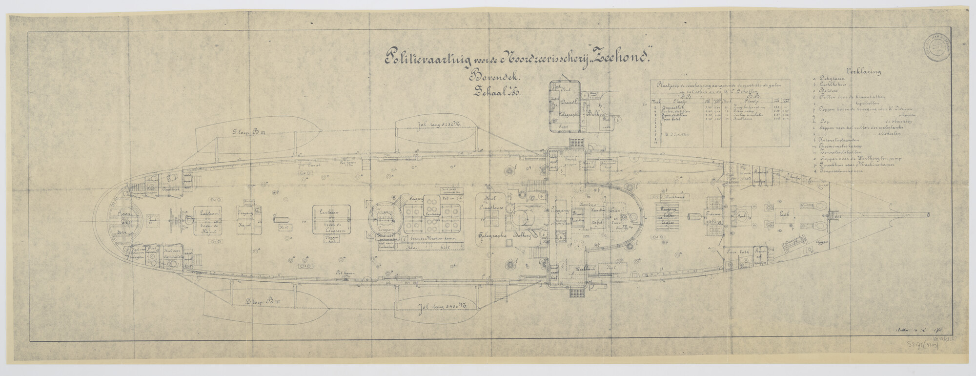 S.2175(4209); Bovenaanzicht bovendek van Hr.Ms. 'Zeehond'; technische tekening