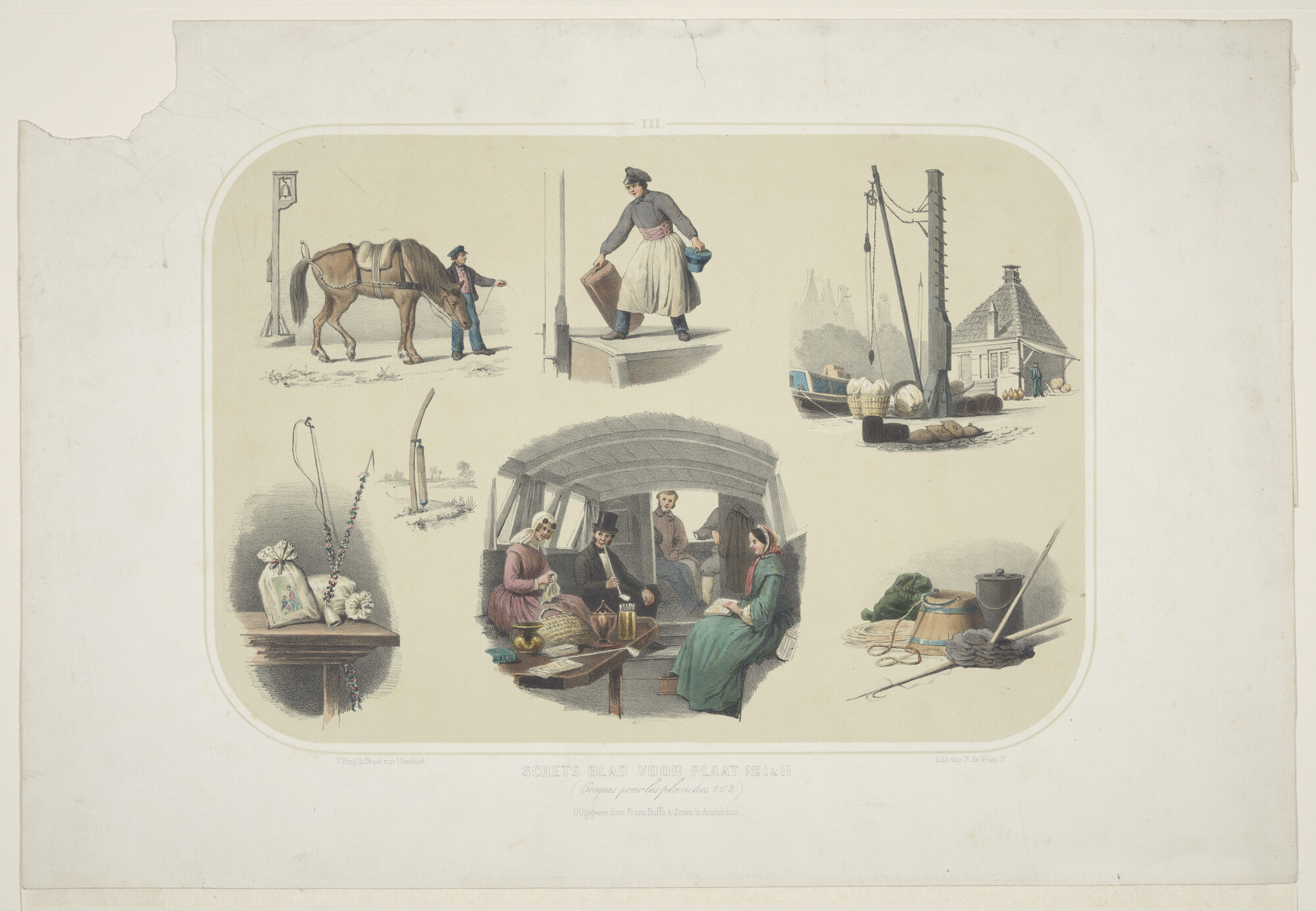 A.3002(13); Interieur van een trekschuit, waaromheen een paard, laadboom, hoekpaal en; prent