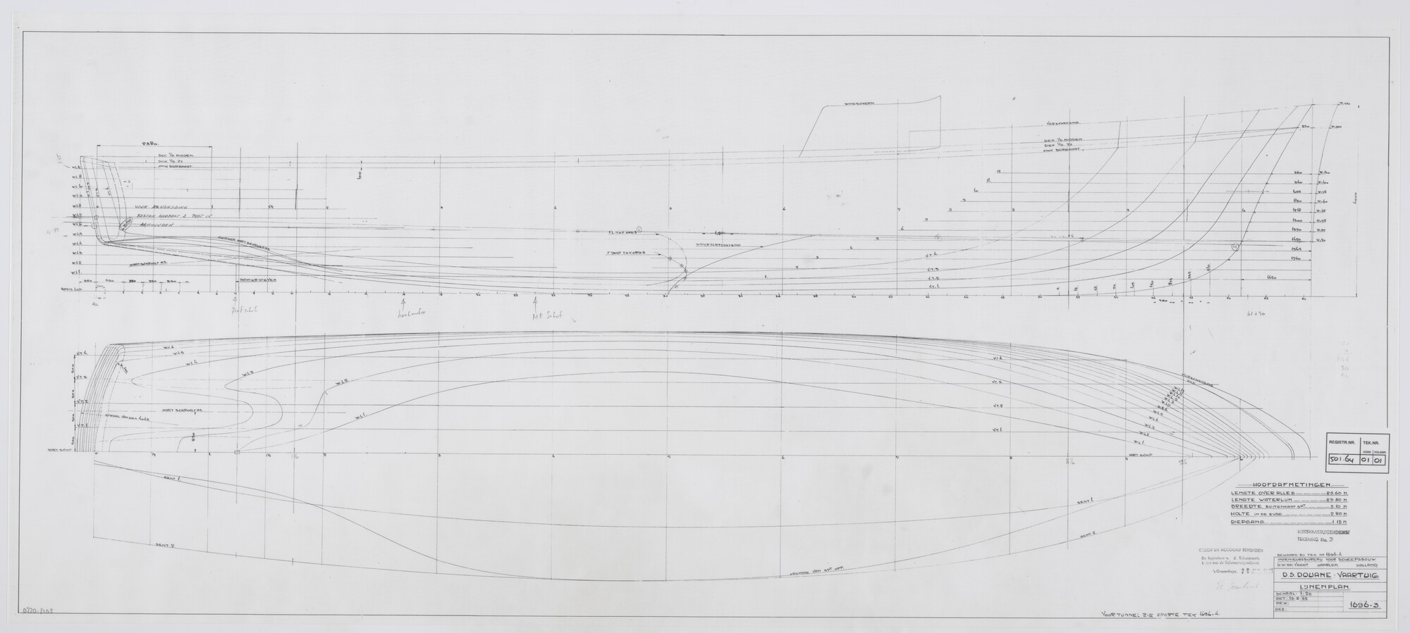 2013.0550; Lijnenplan van het douane-patrouilleschip Alexander Gogel van 25.60 meter; technische tekening