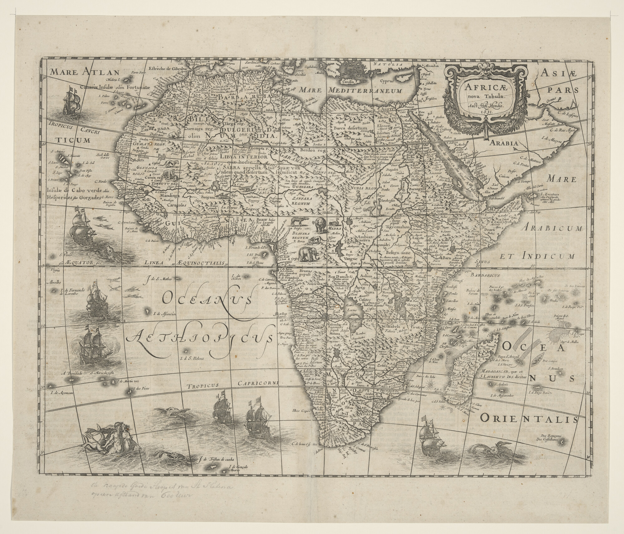 A.3845(01)059; Kaart van Afrika door Henricus Hondius (1597 - 1651), Amsterdam, 1631; landkaart