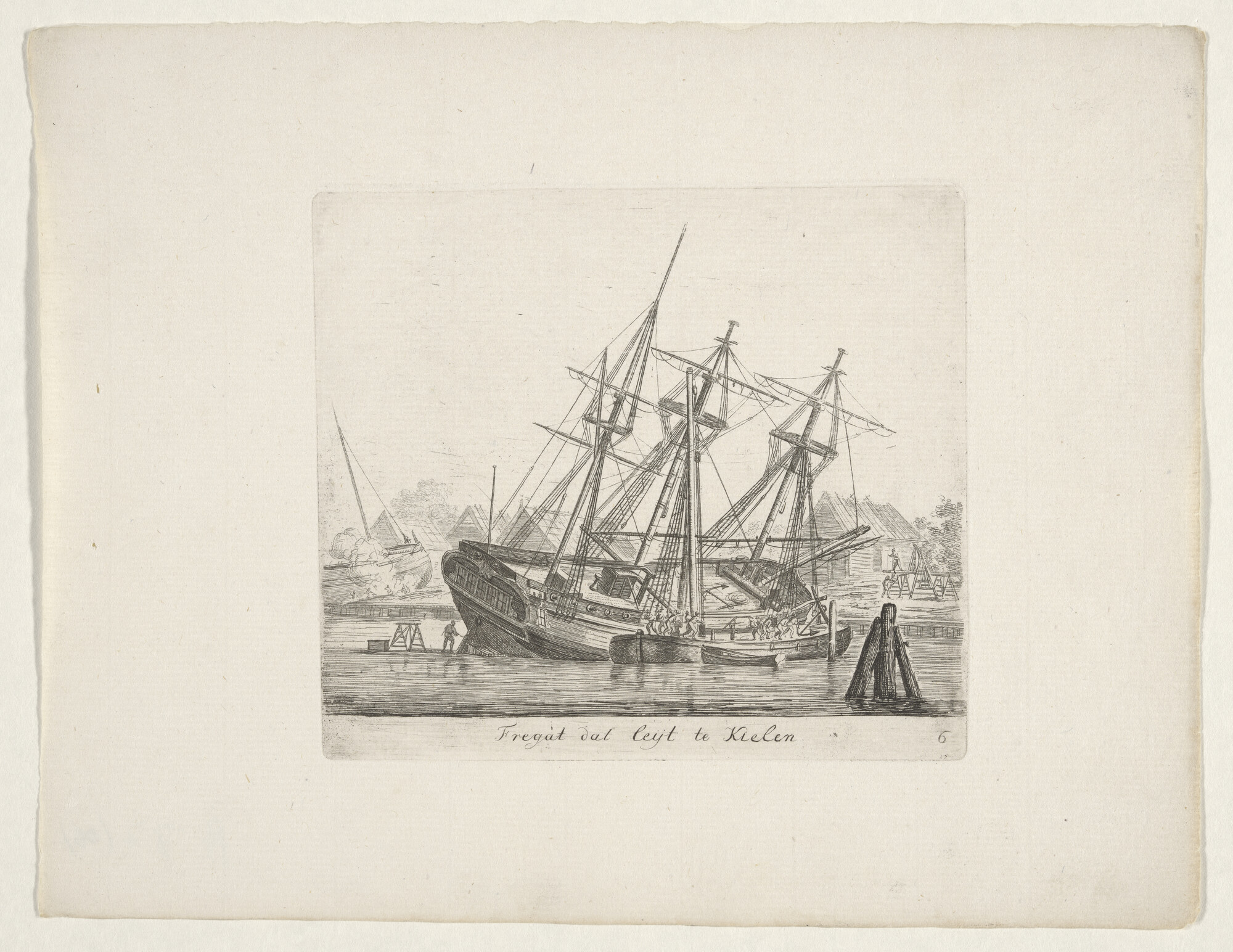 A.0072(06); Prent van het kielen van een fregatschip; prent