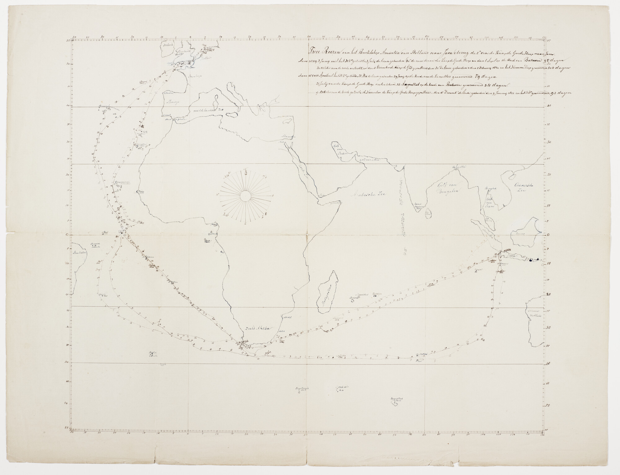 1998.2078; Bestekkaart op Mercator projectie, van twee reizen van het barkschip 'Amicitia', van Nederland naar Java en terug, in 1849 en 1850; zeekaart