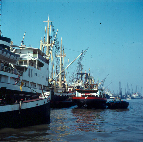 S.9100(1340); Het vrachtschip ms. 'Artemis' van de Koninklijke Nederlandse Stoomboot Maatschappij afgemeerd aan de Surinamekade te Amsterdam; diapositief
