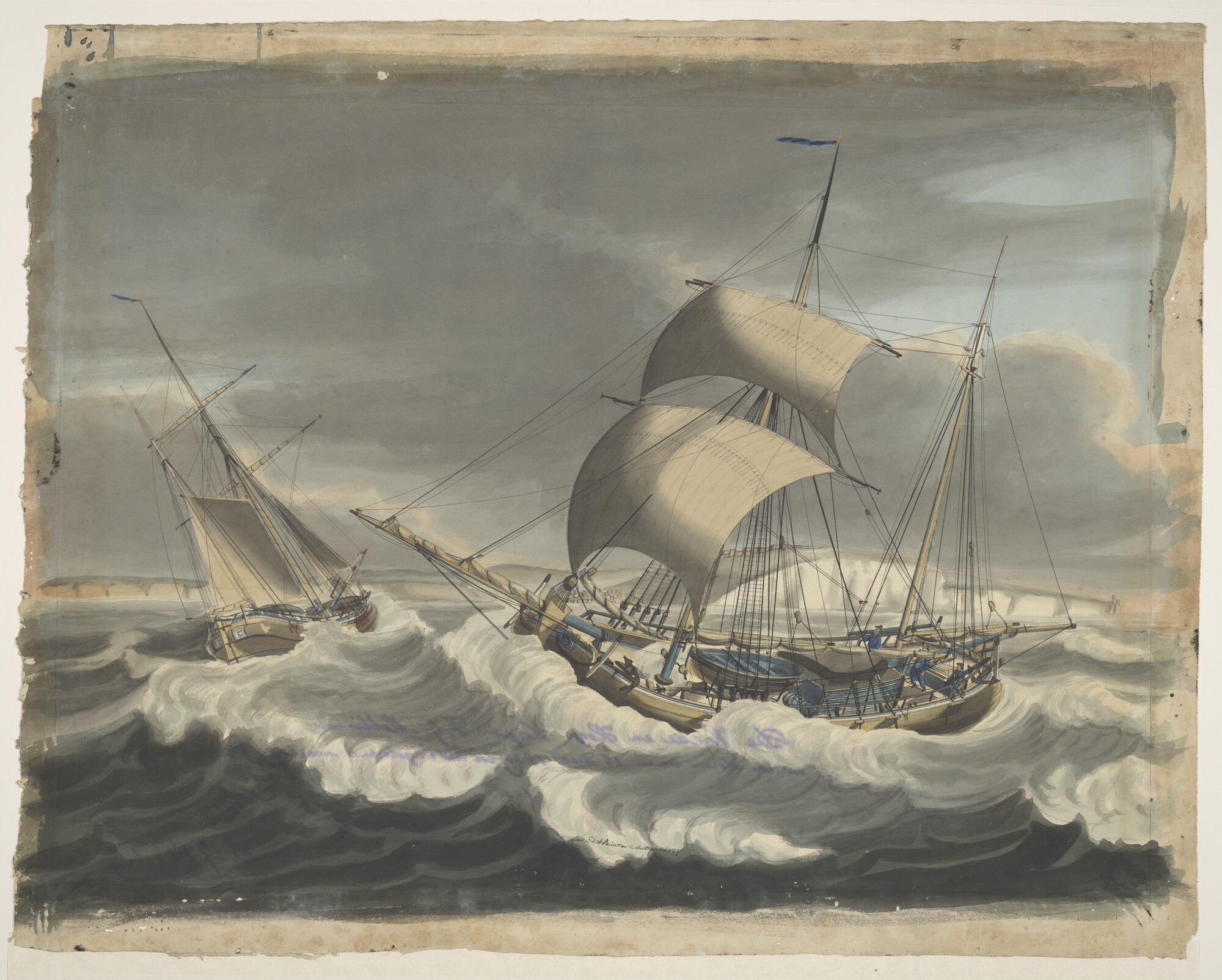 S.1714(01); Het kofschip De Vrede en Hoop in het Kanaal bij Dover; tekening