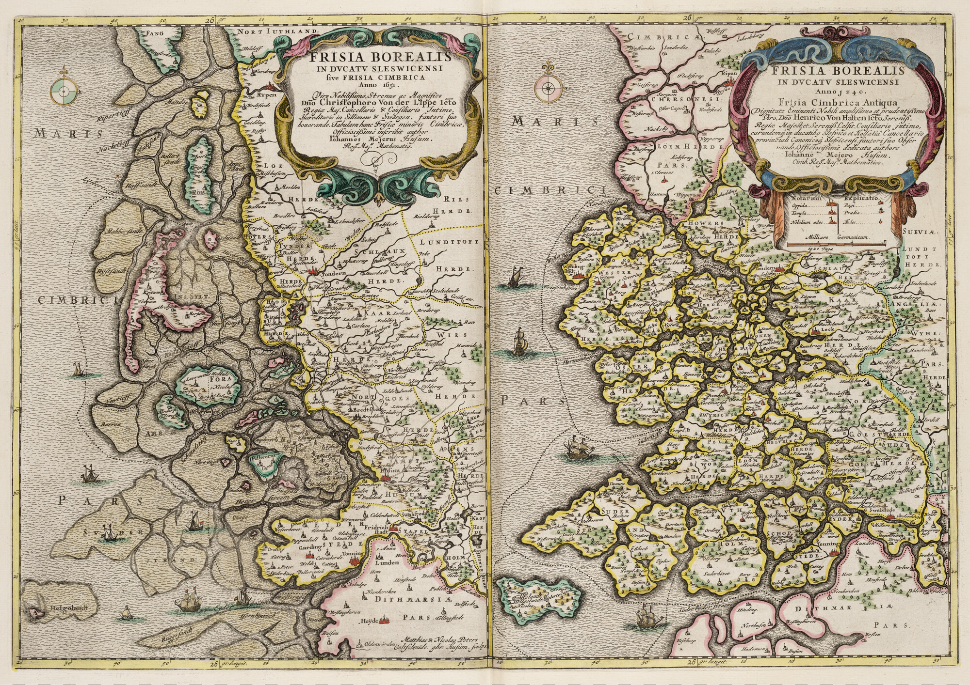S.1034(01) [kaart 053]; Kaart van Noord-Friesland in Sleeswijk (Duitsland)  in 1651 (links)  en 1240 (rechts); landkaart