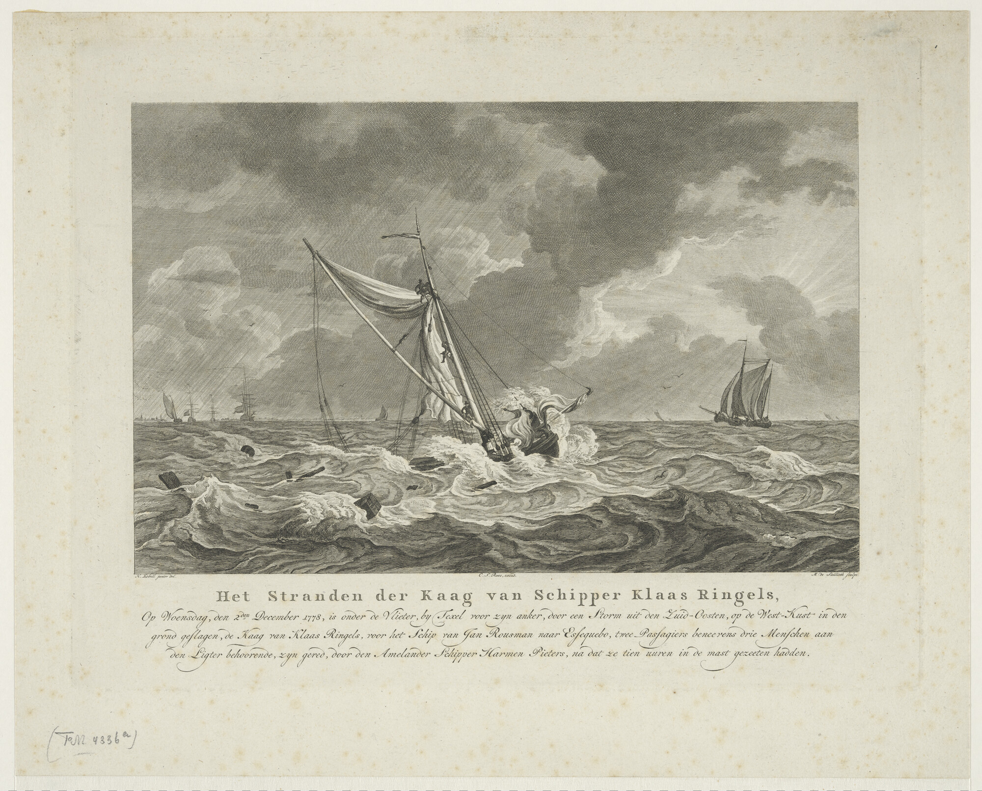 A.1656(19); Het stranden van de kaag van schipper Klaas Ringels bij Texel; prent