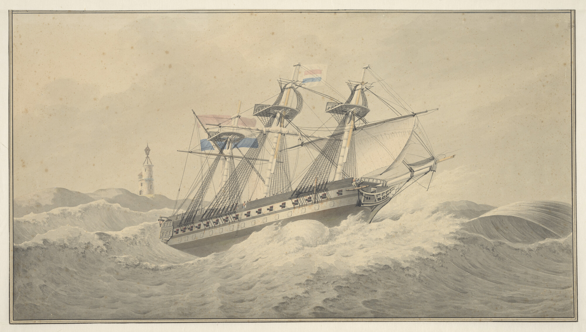 A.0503(03); Een Nederlands linieschip onder noodtuig; tekening