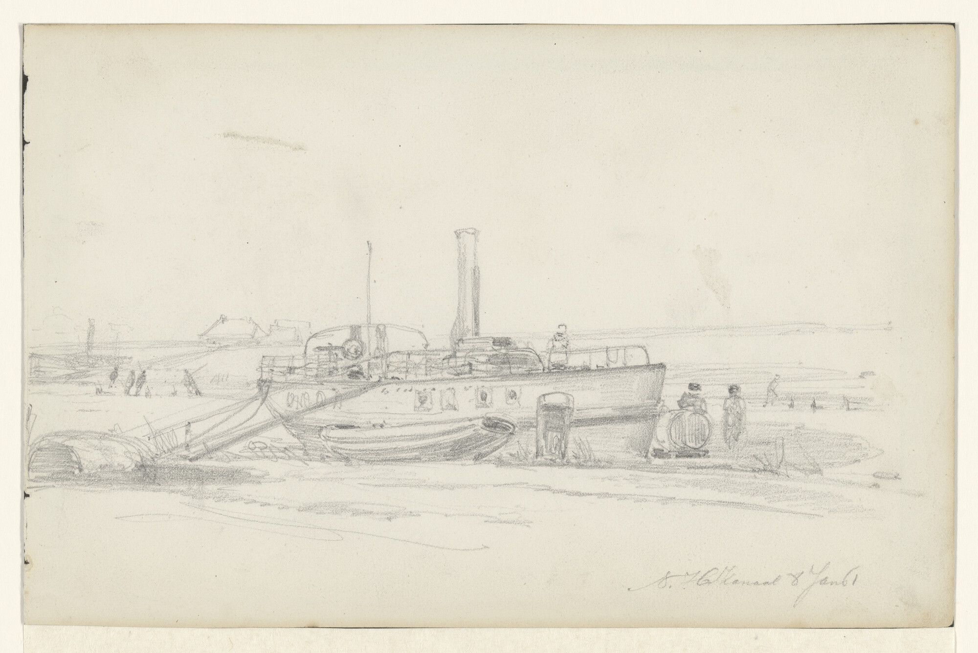 S.1892(01)11; Een stoombootje afgemeerd in het Noordhollands Kanaal; tekening
