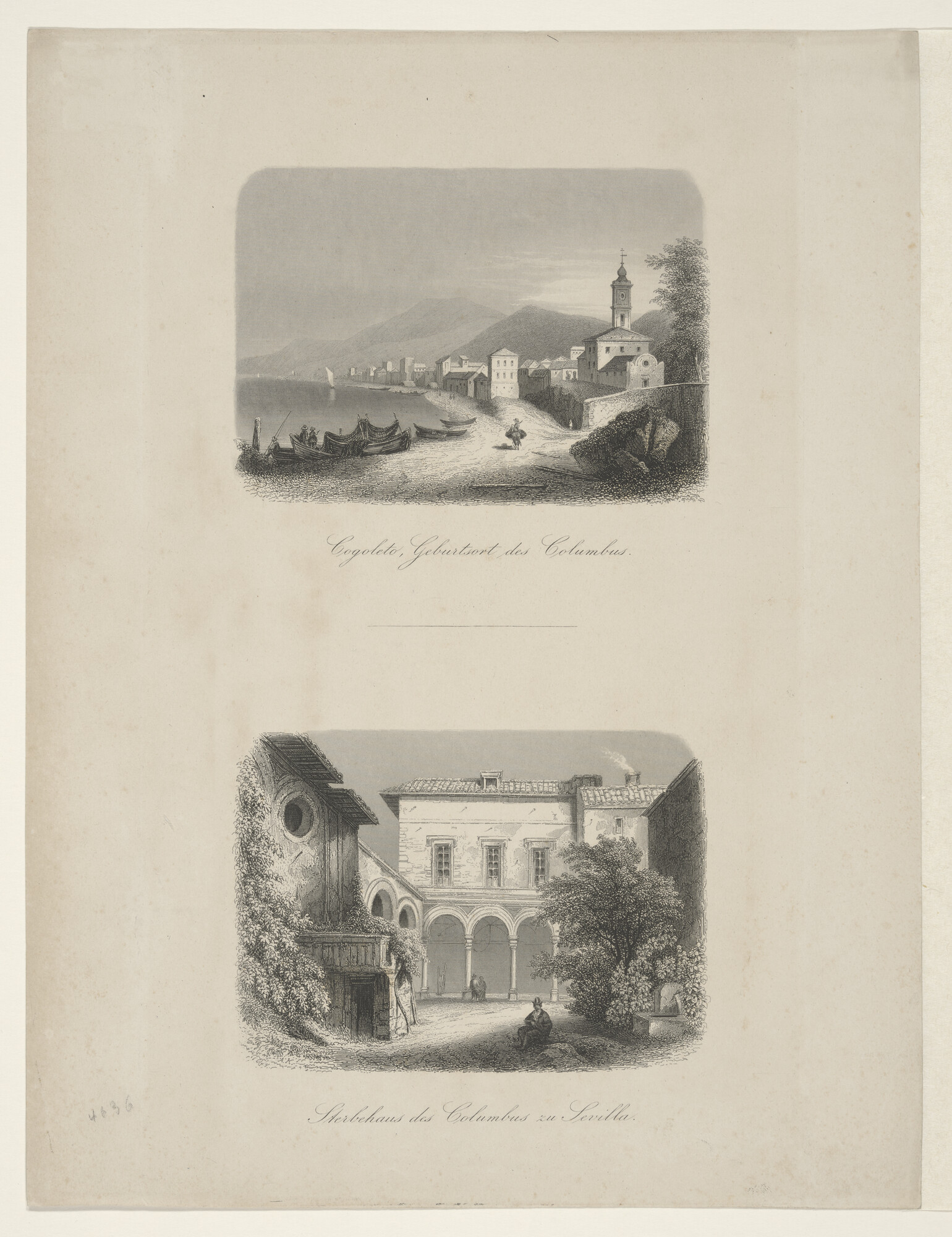 A.0075(075); Cogoletto, geboorteplaats van Columbus en zijn sterfhuis in Sevilla; prent
