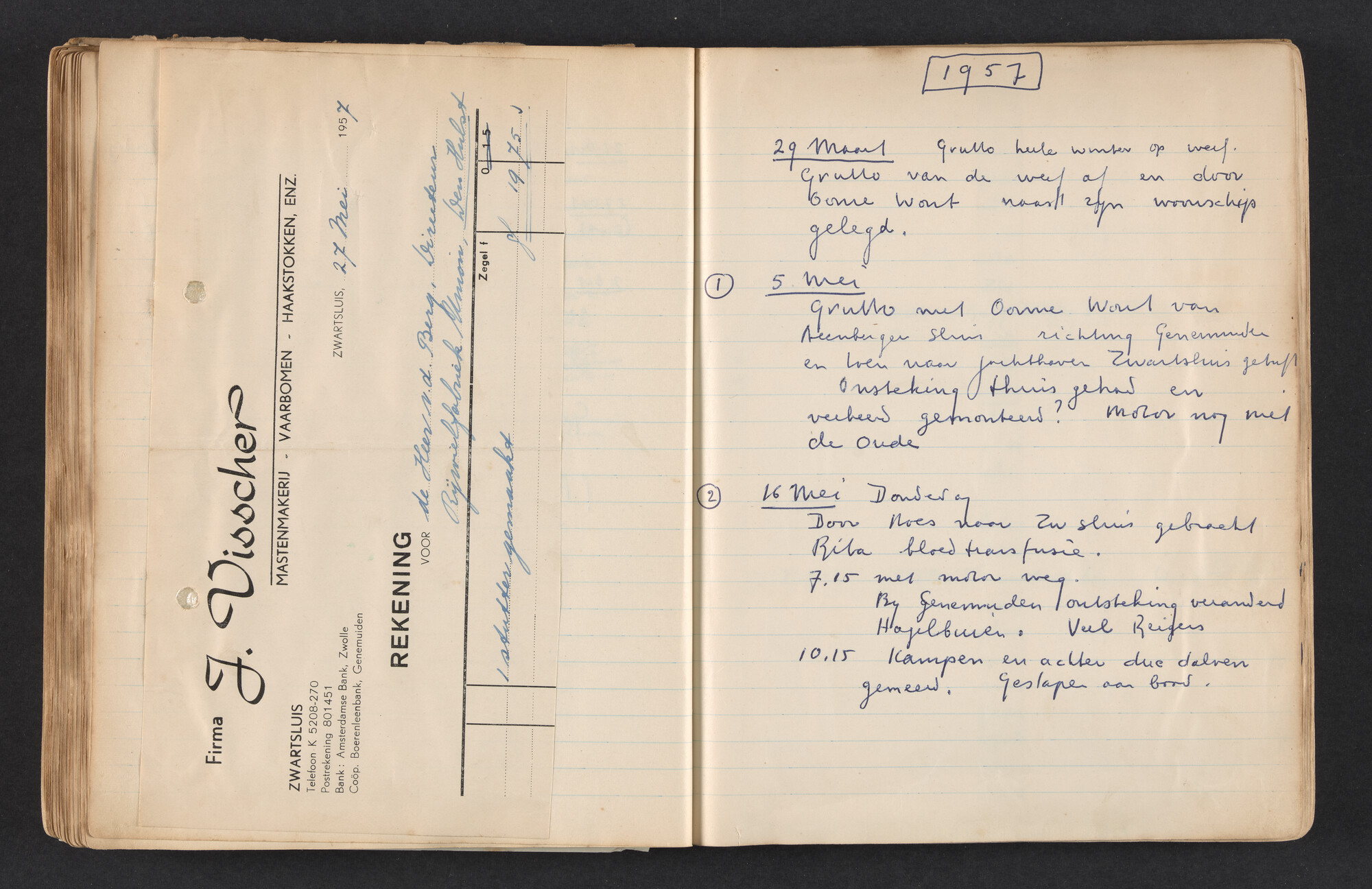 2017.0792; Logboek c.q. fotoalbum van reizen met zeeschouw Grutto in Nederland, 1955-1957; logboek