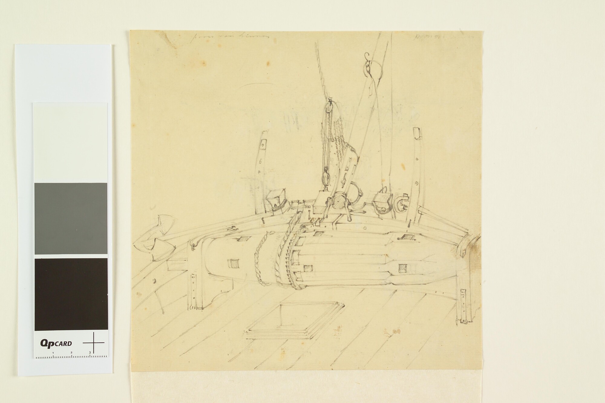 A.0149(0491); Het voorschip van een poon van binnen met de mastrol; tekening