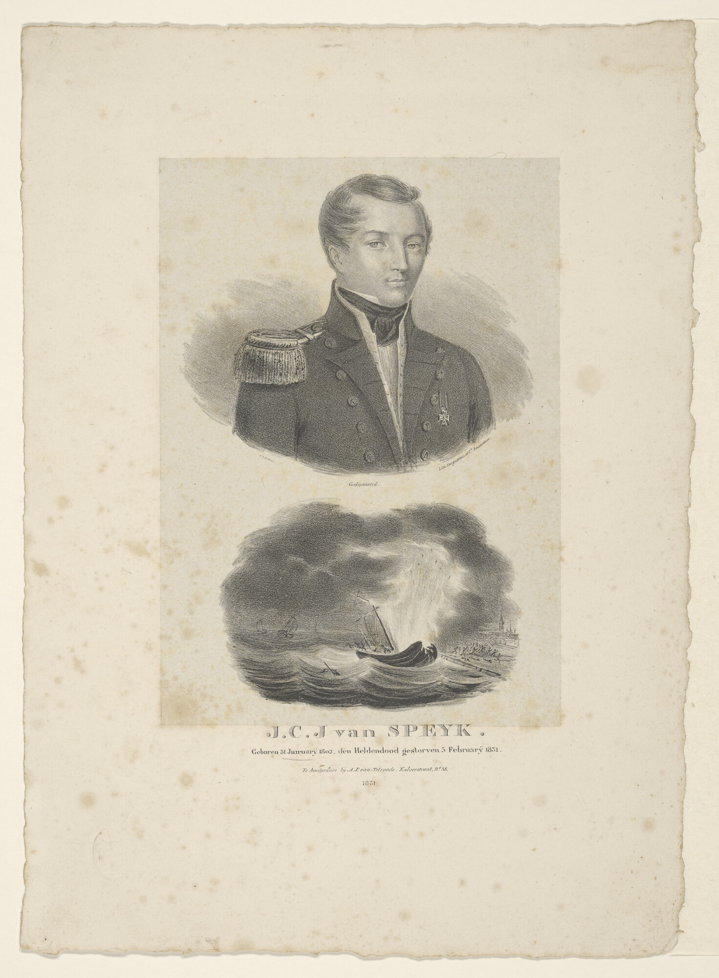 A.0964(01)41; Portret van Van Speyk en de ontploffing van zijn schip; prent