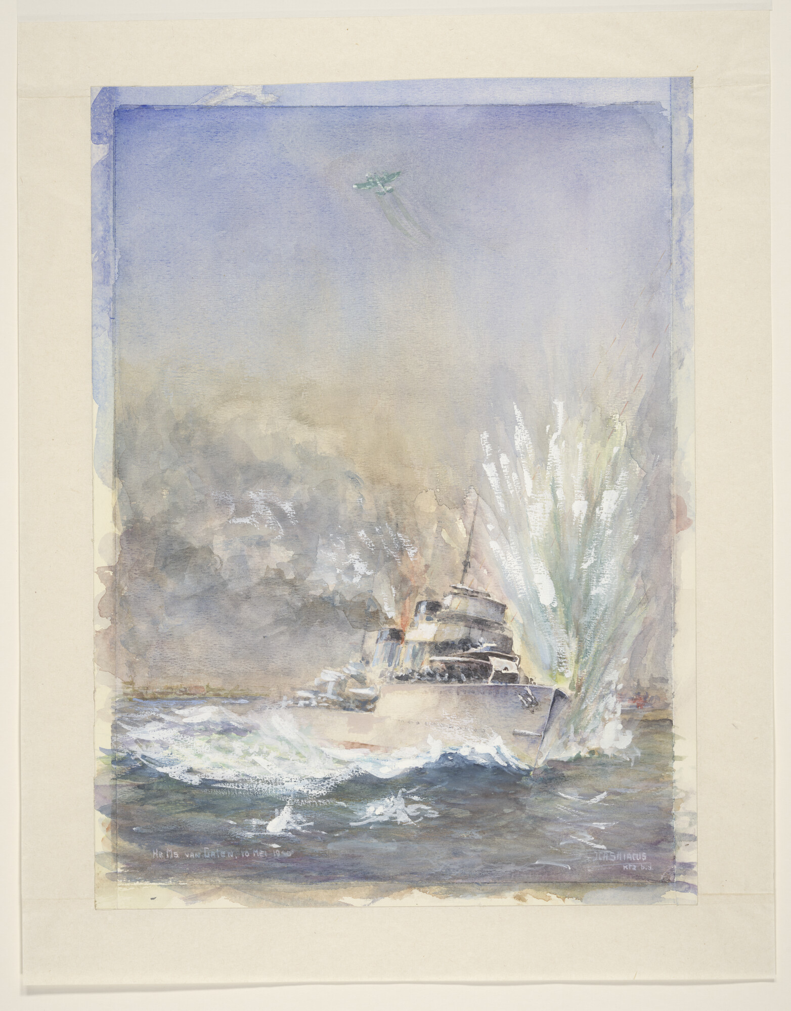 1989.1100; Hr.Ms. 'Van Galen' op de Nieuwe Waterweg tijdens een luchtaanval, 10 mei 1940; tekening