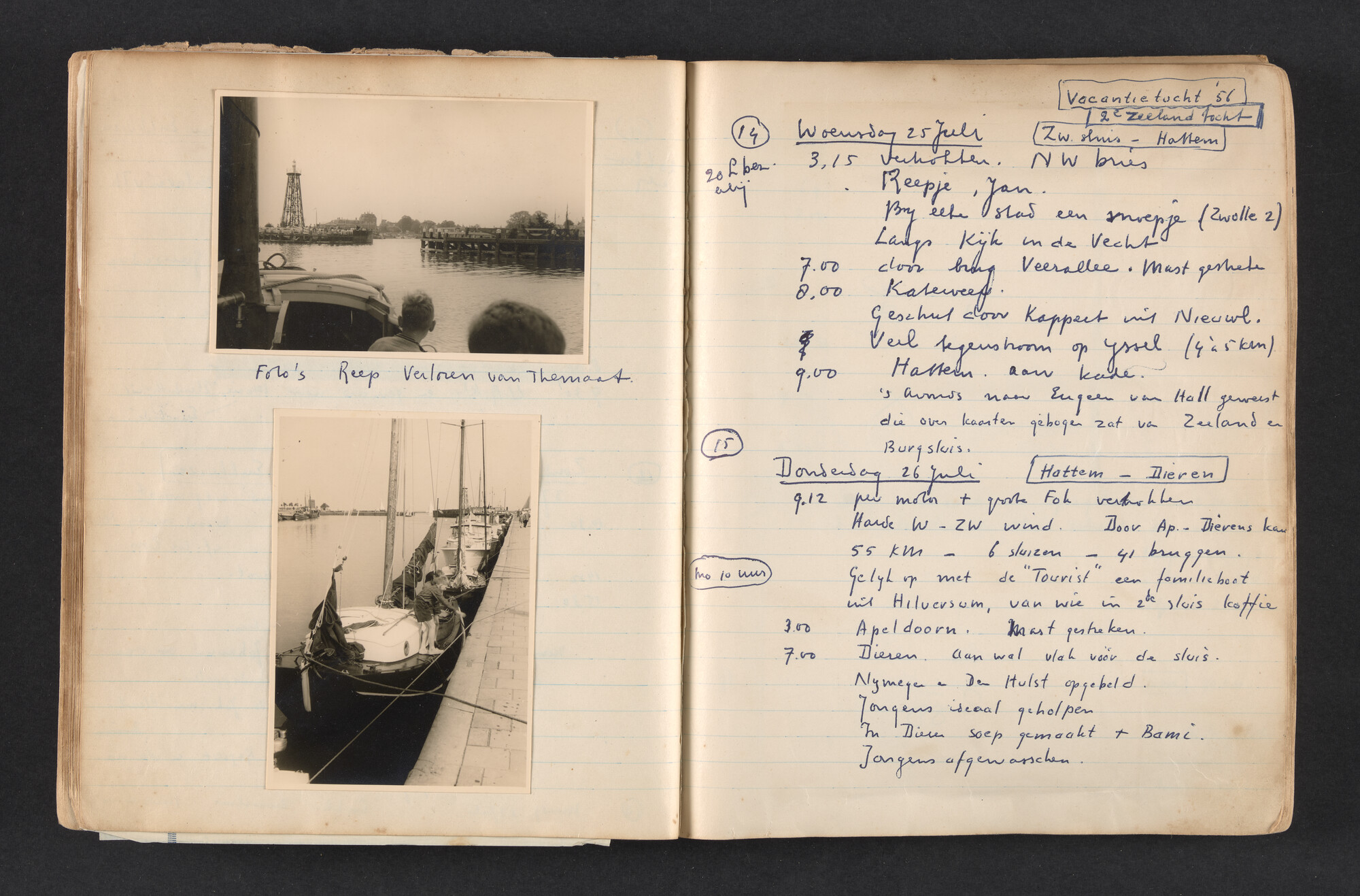 2017.0792; Logboek c.q. fotoalbum van reizen met zeeschouw Grutto in Nederland, 1955-1957; logboek