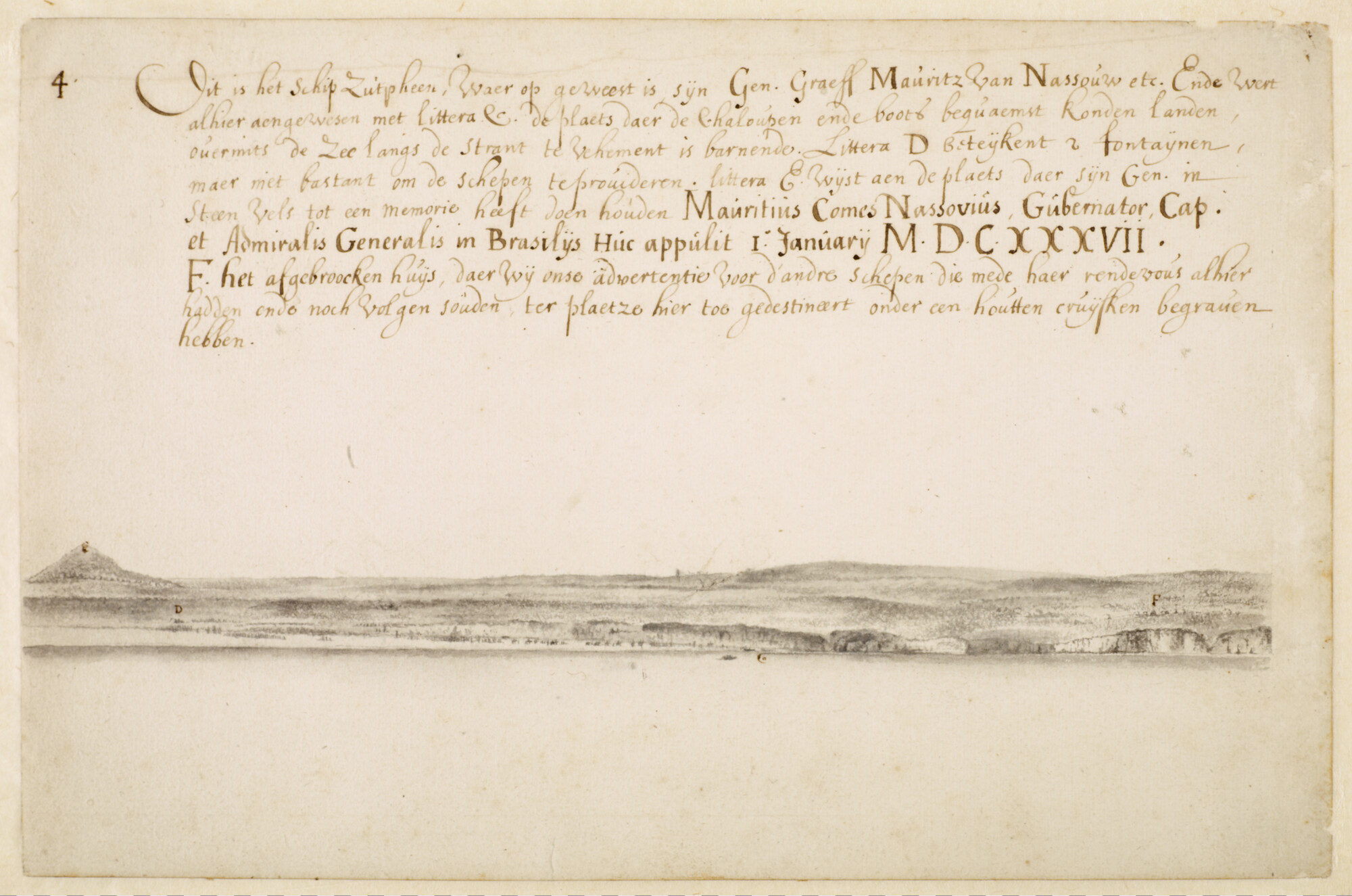 A.3490(03); Deel van een landverkenning van het eiland Maio, één der Kaapverdische Eilanden, vervaardigd tijdens de reis van Johan Maurits van Nassau naar Brazilië; tekening