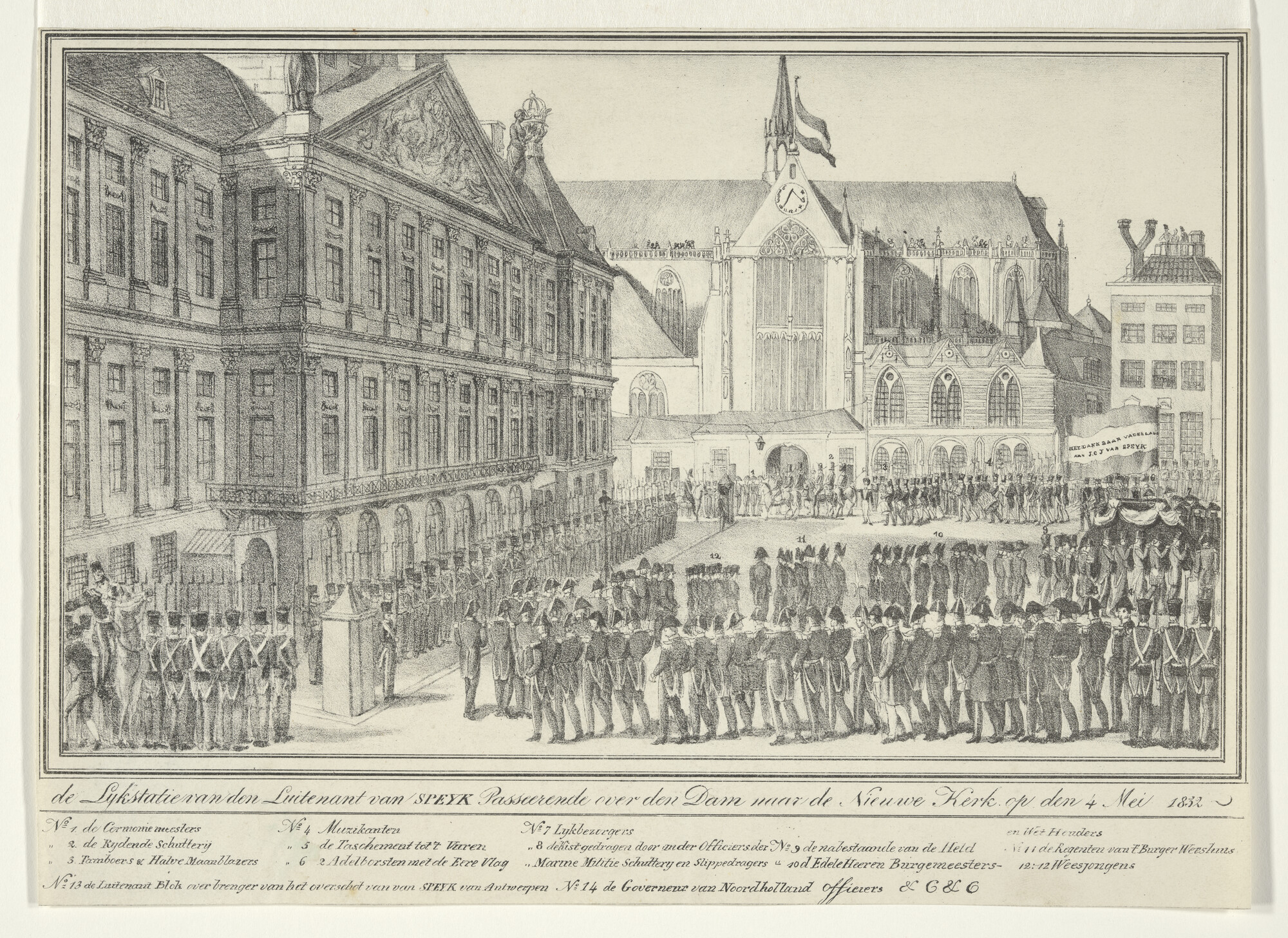 A.0356(52)09; Begrafenisstoet van Van Speyk, op de Dam te Amsterdam, op weg naar de Nieuwe Kerk; prent
