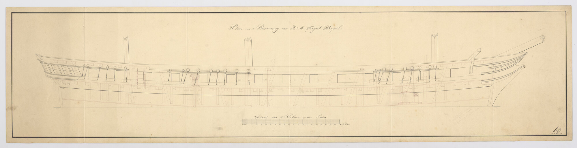 S.1214(0114); Zijaanzicht van het fregat Zr.Ms. 'Rupel'; technische tekening
