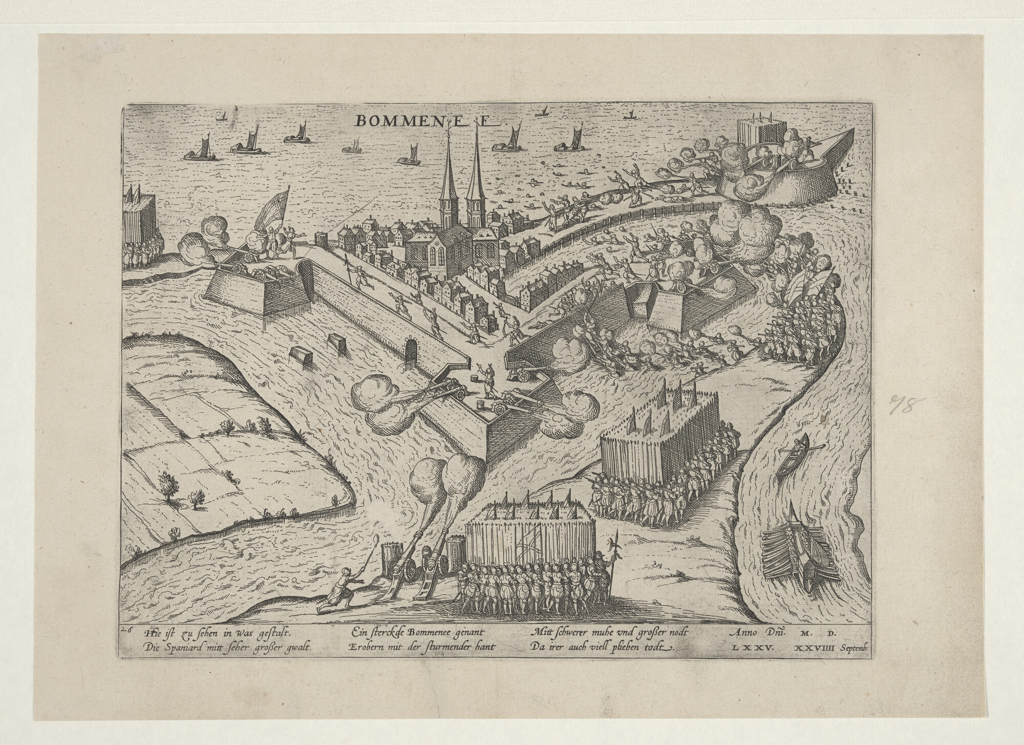 A.0145(027)142; Bommenede door de Spanjaarden ingenomen, 29 september 1575; prent