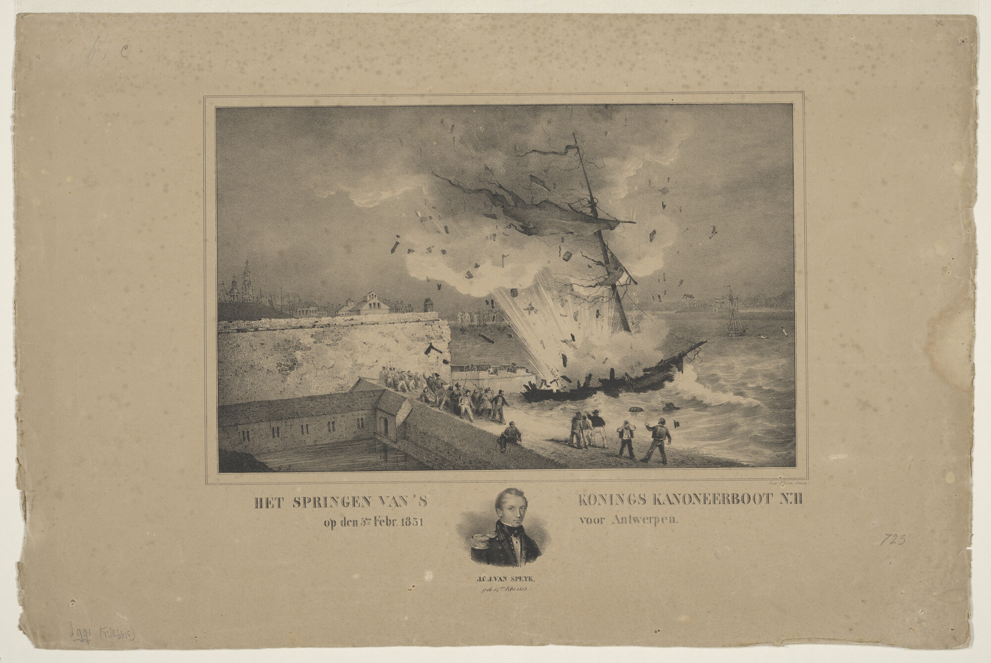 A.0991 [nr 0016]; Het springen van's Konings Kanoneerboot No. II; prent